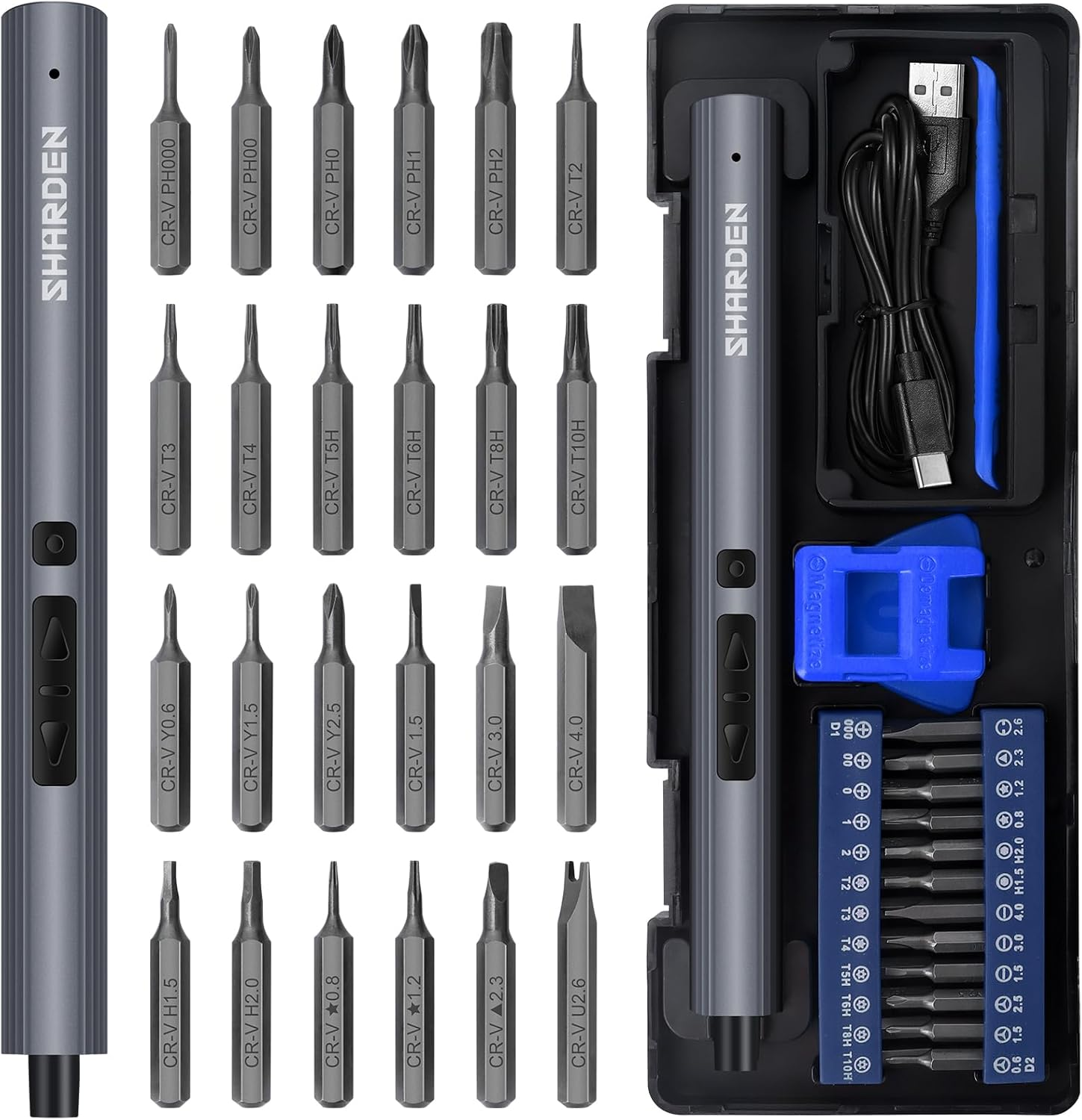 SHARDEN Mini Electric Screwdriver,29 in 1 Small Electric Screwdriver Kit with 24 Magnetic Bits,Precision Cordless Screw Driver Repair Tool for Phone Camera Laptop Watch