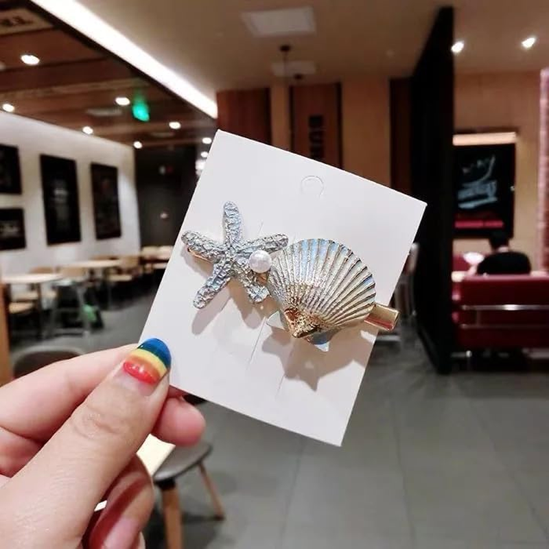 RFTWXHPN Mermaid Starfish Seashell Hair Clips for Women Girls Starfish Shell Hair Clip 2Pcs Metal Mermaid Shell Hair Barrettes Pearl Seashell Hairpin Beach Mermaid Hair Accessories, Blue and Pink image number 5
