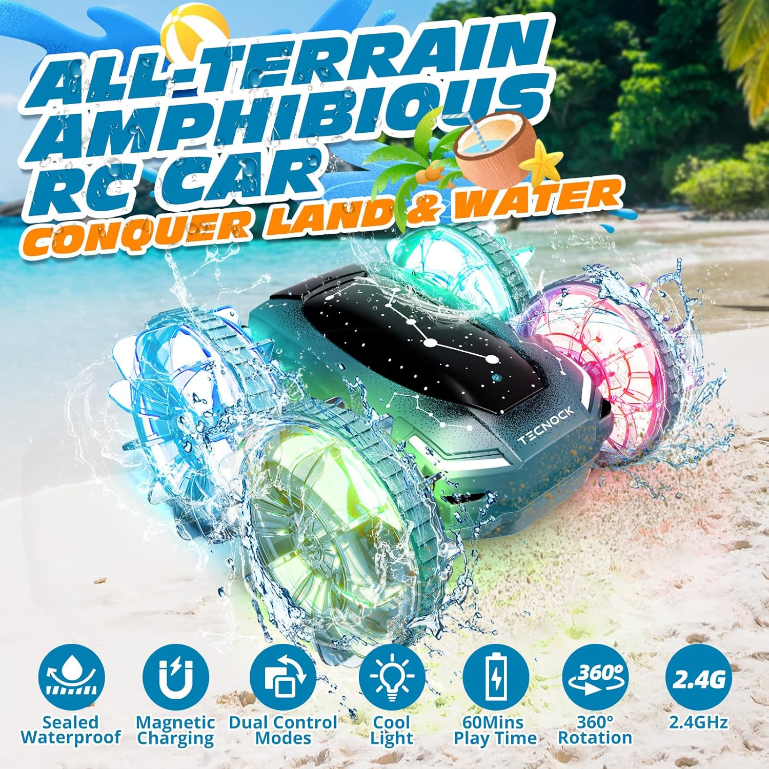 Tecnock Amphibious Remote Control Car Boat, 4WD Gesture RC Cars with Magnetic Charging, 60 Min Playtime, LED Lights, Pool Toys for Kids Ages 6-12, Toys for Boys Girls