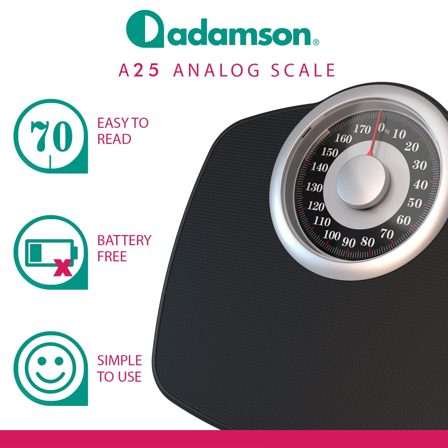 Adamson A25 KG Bathroom Scales - up to 180Kg, Anti-Skid Rubber Surface, Extra Large Numbers - High Precision Weighing Scales for Body Weight - Durable with 20-Year Assurance - New Version image number 5