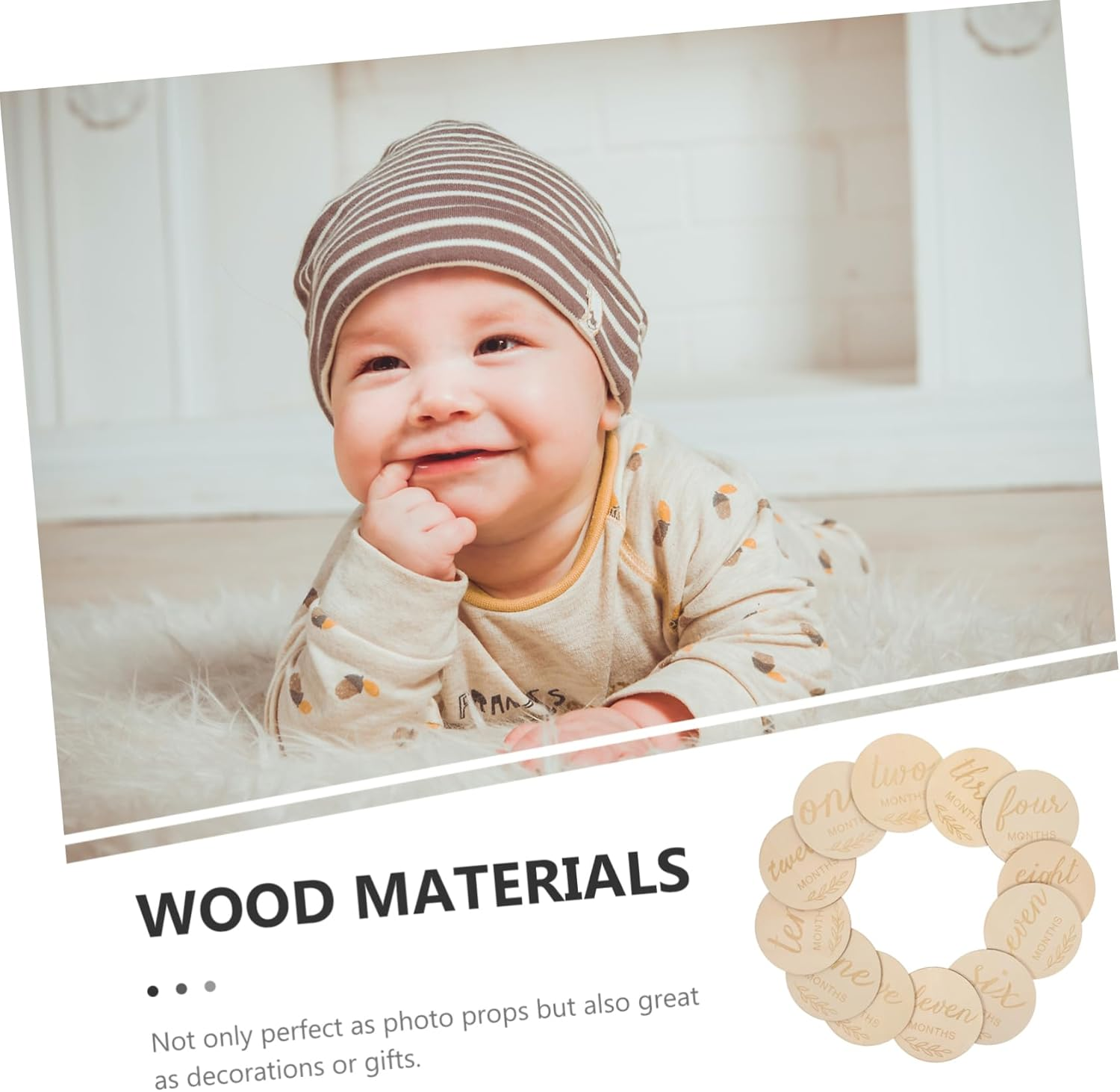 HOODANCOS 12Pcs Wooden Milestone Cards with Laser Engraving Monthly Photo Props for Newborns Decorative round Discs for Shower Boys Unique Growth Commemoration Set