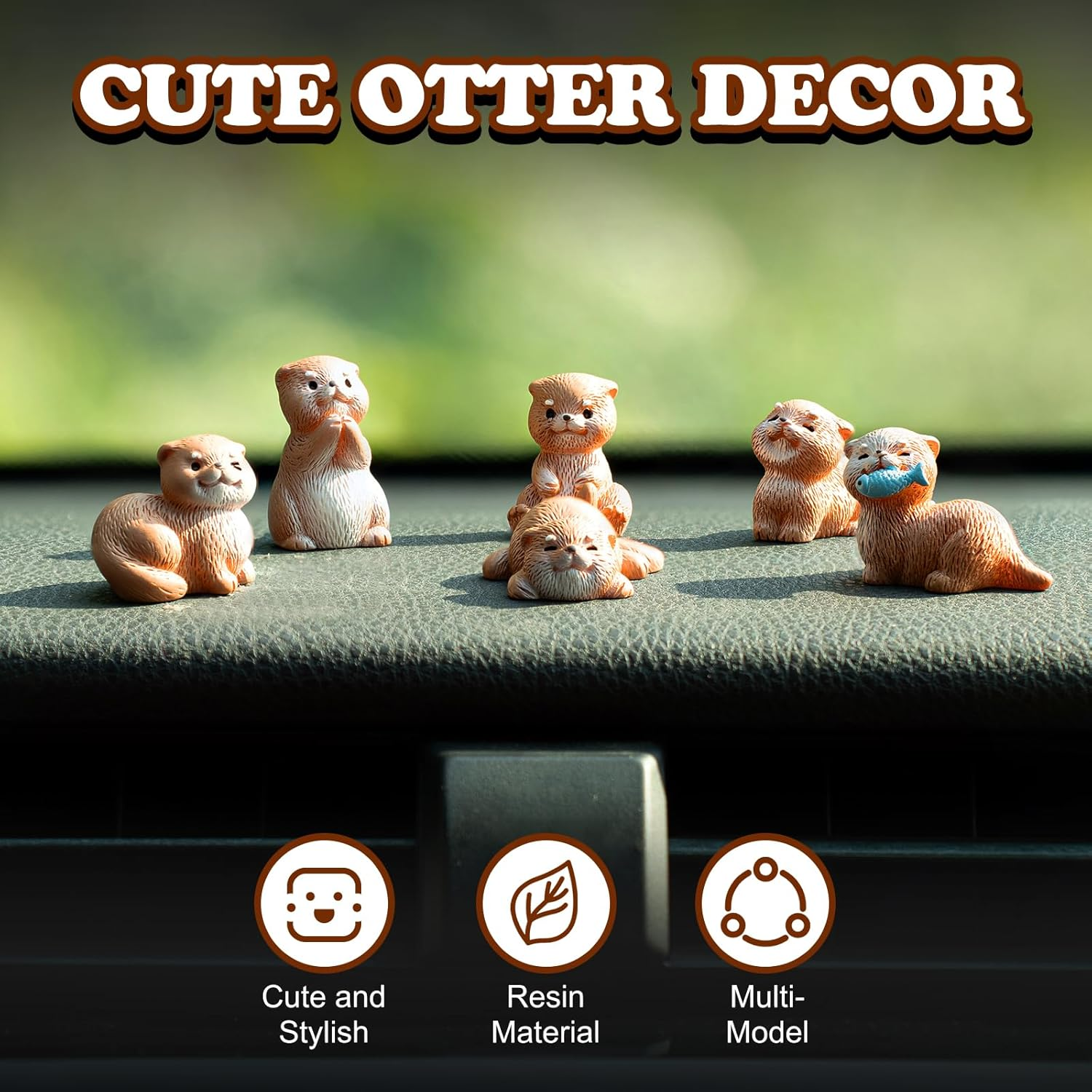 Rislobx 6PCS Otter Car Dashboard Decor, Sea Otter Car Dashboard Decorations, Cute Car Ornament Rearview Mirror Accessories, Otter Figurine for Auto Home Office Desk (Brown) image number 3