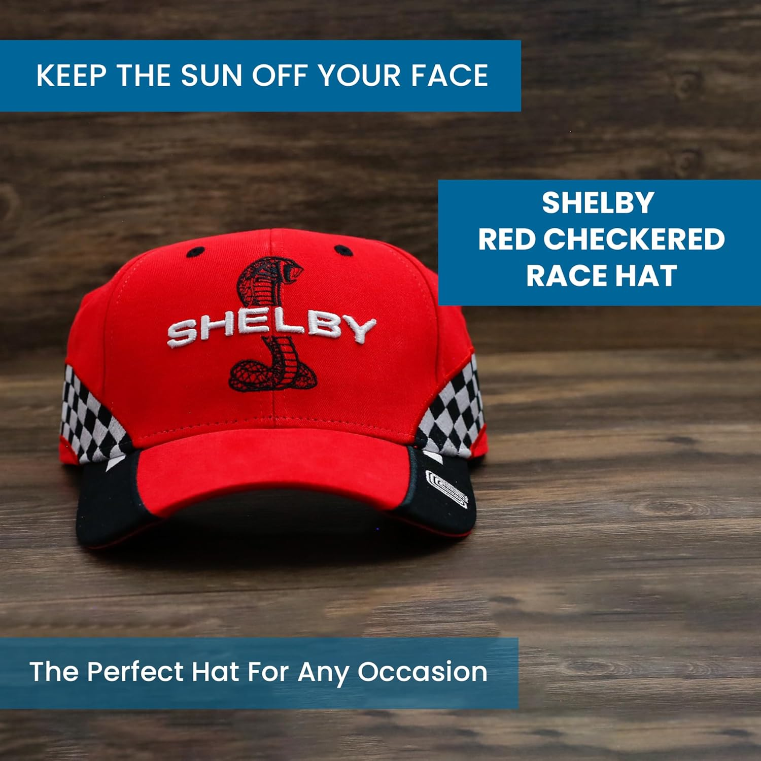 Shelby Snake Red Checkered Race Cap Hat | Officialy Licensed Shelby&reg; Product | Adjustable, One-Size Fits All, Red, One Size image number 2