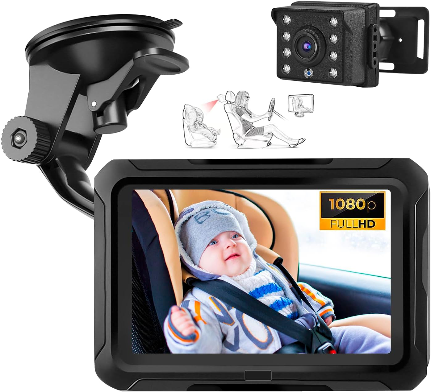 Baby Car Camera, 4.3 Inch HD 1080P Display, 150 Degree Wide Angle, 360 Degree Adjustable, Easy Headrest Mount, Real-Time Rear Seat View, Safe Driving Monitor for Infants image number 3