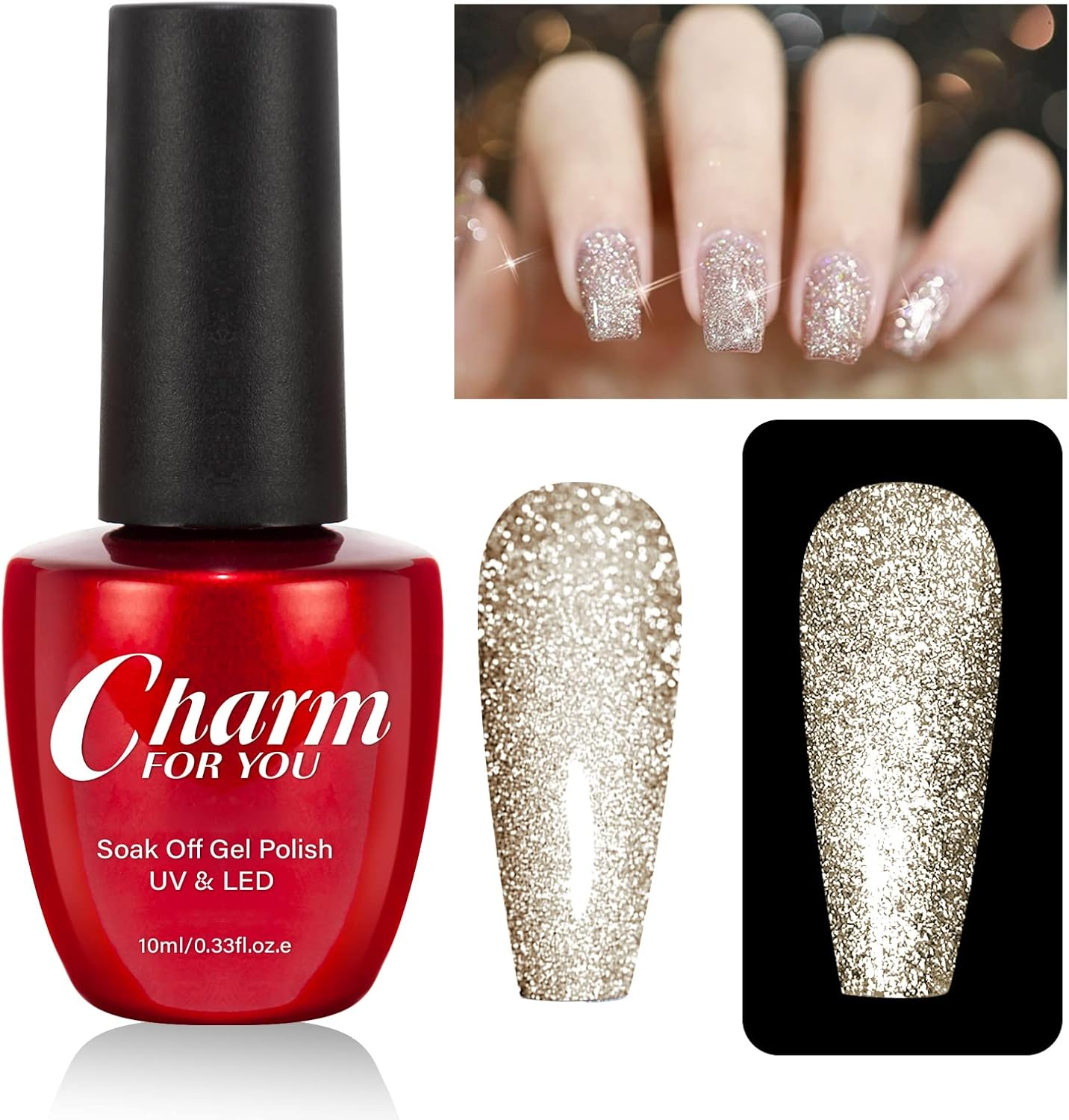 VERONNI Glitter Nail Gel Polish Clear Crushed Glass Reflective Shine Nail Polish Diamond Sparkle Soak off UV LED Bright Glitter Gel Nail Polish Bungee Party Broken Clear Sparkling Gel Nail Art Manicure 10Ml-Silver Glitter (#S-005 Champagne Gold)