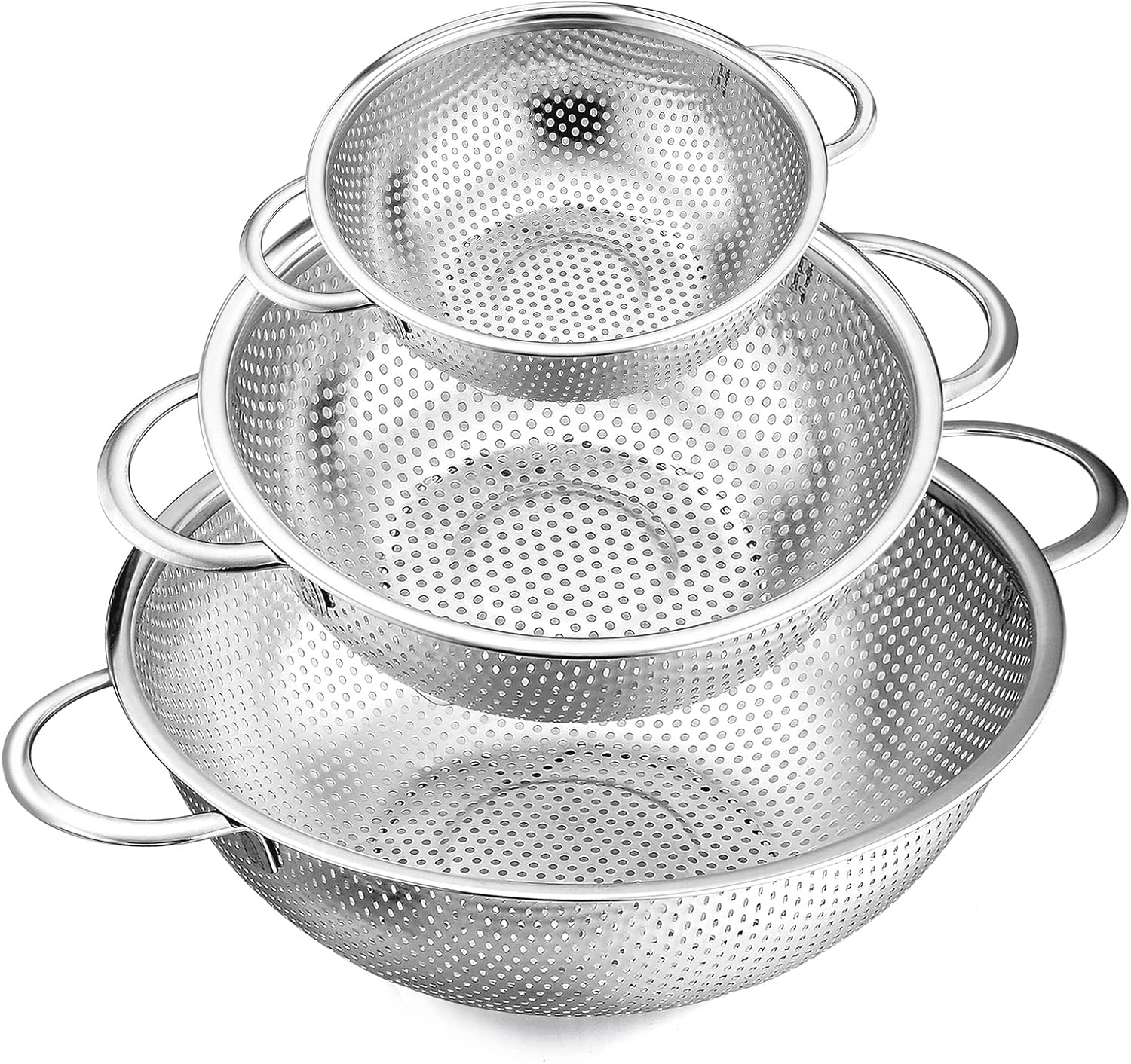 E-Far Stainless Steel Colander Set of 3 (1-3-5Quart), Micro-Perforated Metal Colander Strainer with Handle for Kitchen/Draining Pasta/Rinsing Vegetables Fruits, Heavy Duty & Dishwasher Safe image number 4