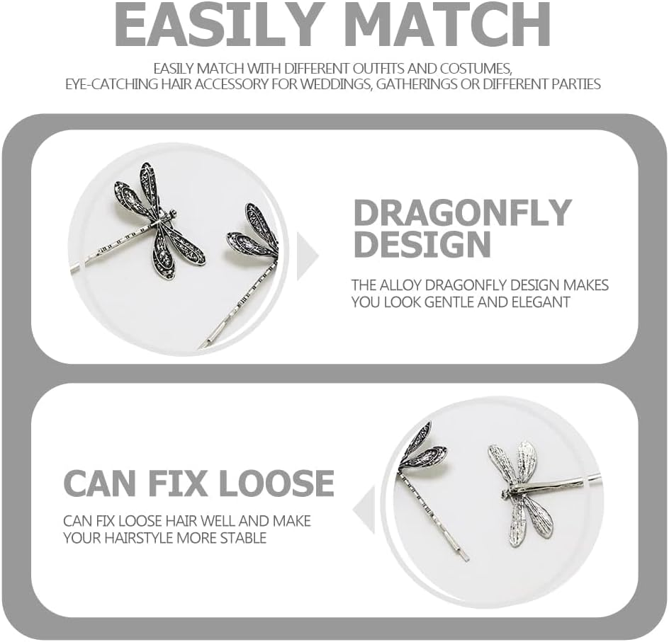4Pcs Silver Dragonfly Hair Clip,Wedding Retro Antique Barrette,Bridal Headdress Head Wear Styling Hair Accessories for Girls Ladies Bobby Pins Hair Pins French Hair Styling Pins Hair Accessories Hair image number 3