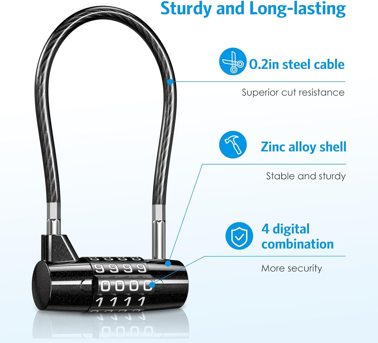 AMIR 4 Digit Combination Padlock, 6.9 Inch Long Shackle Padlock with Steel Cable Rope, Waterproof Cable Lock with Resettable Code, Outdoor Long Padlock for Gym Locker, Hasp Cabinet-2Pcs image number 1
