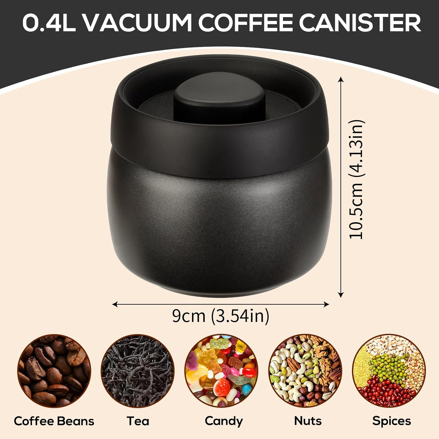 Cozary Stainless Steel Coffee Container, 400 Ml Vacuum Coffee Canister, Airtight, Coffee Beans Container with Vacuum Pump Lid, Airtight & Fresh, for Coffee Beans, Tea, Nuts, Seasoning (Black) image number 5