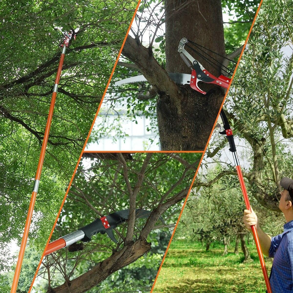 AUSWAY Manual Pole Saw Tree Pruner Extendable Branch Pruning Trimmer Trimming Cutter with 8 Fibreglass Rods Sharp Steel Blades Scissors