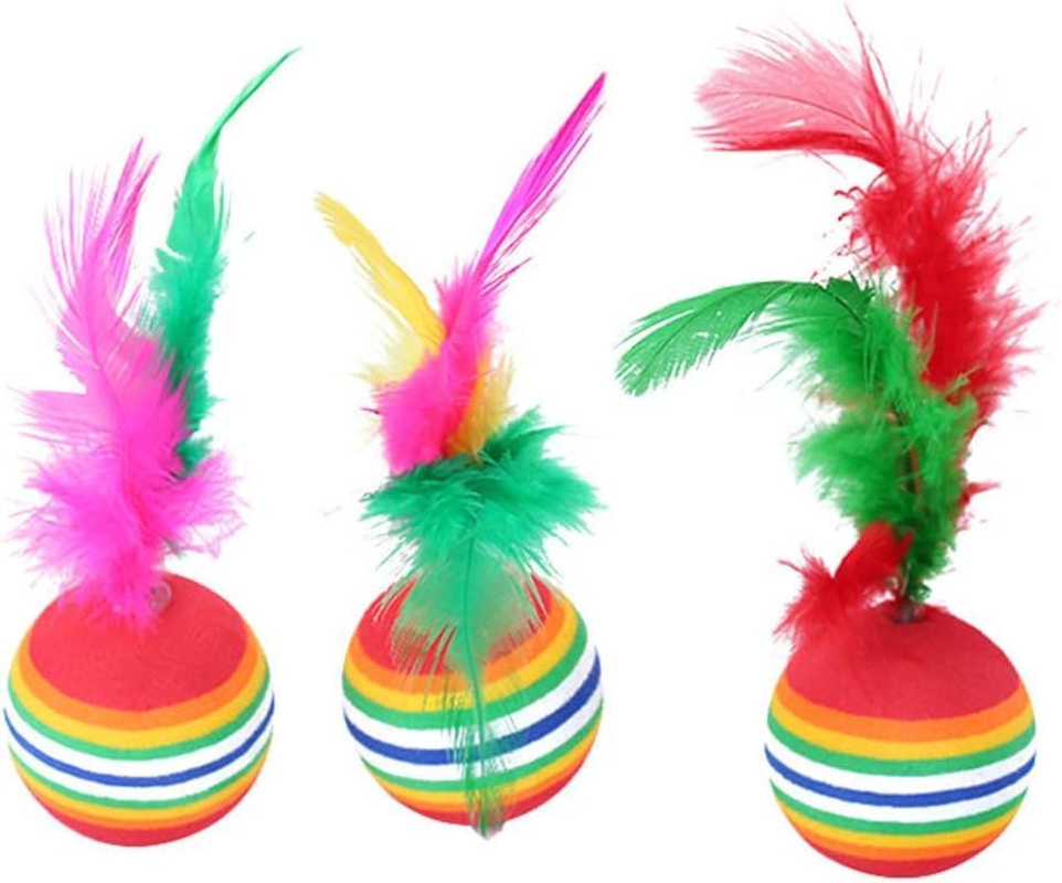 Pack of 6Pcs Cat Balls Soft EVA Foam with Feathers Colorful Rainbow Balls Interactive Kitten Cats Small Dogs Puppies Doggies Quiet Indoor Outdoor Play Activity Chase Training image number 4
