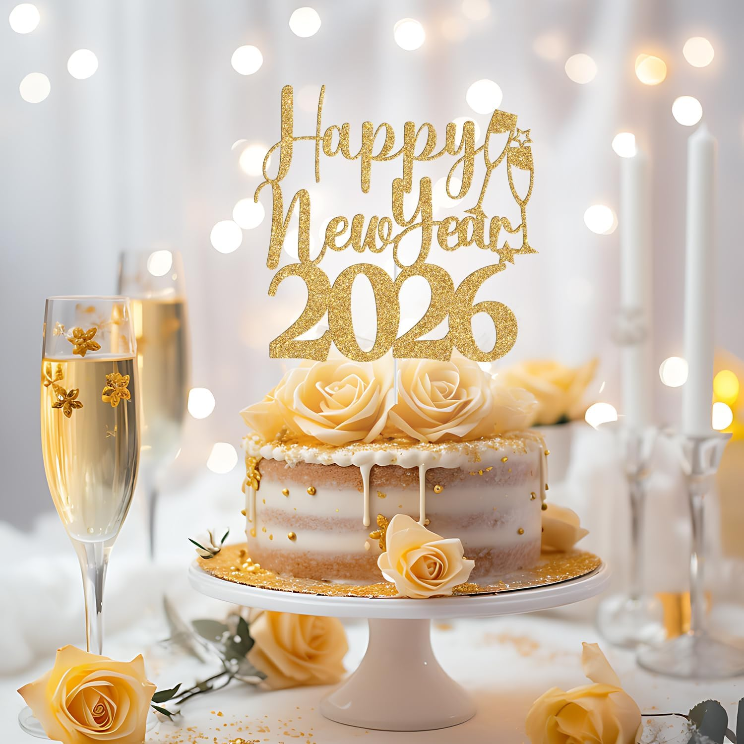 Happy New Year 2025 Cake Topper, Happy New Year Cake Decorations, Welcome 2025, Hello 2025, Christmas Holiday New Years Eve Party Decorations, Gold Glitter - Rose Gold Glitter image number 4