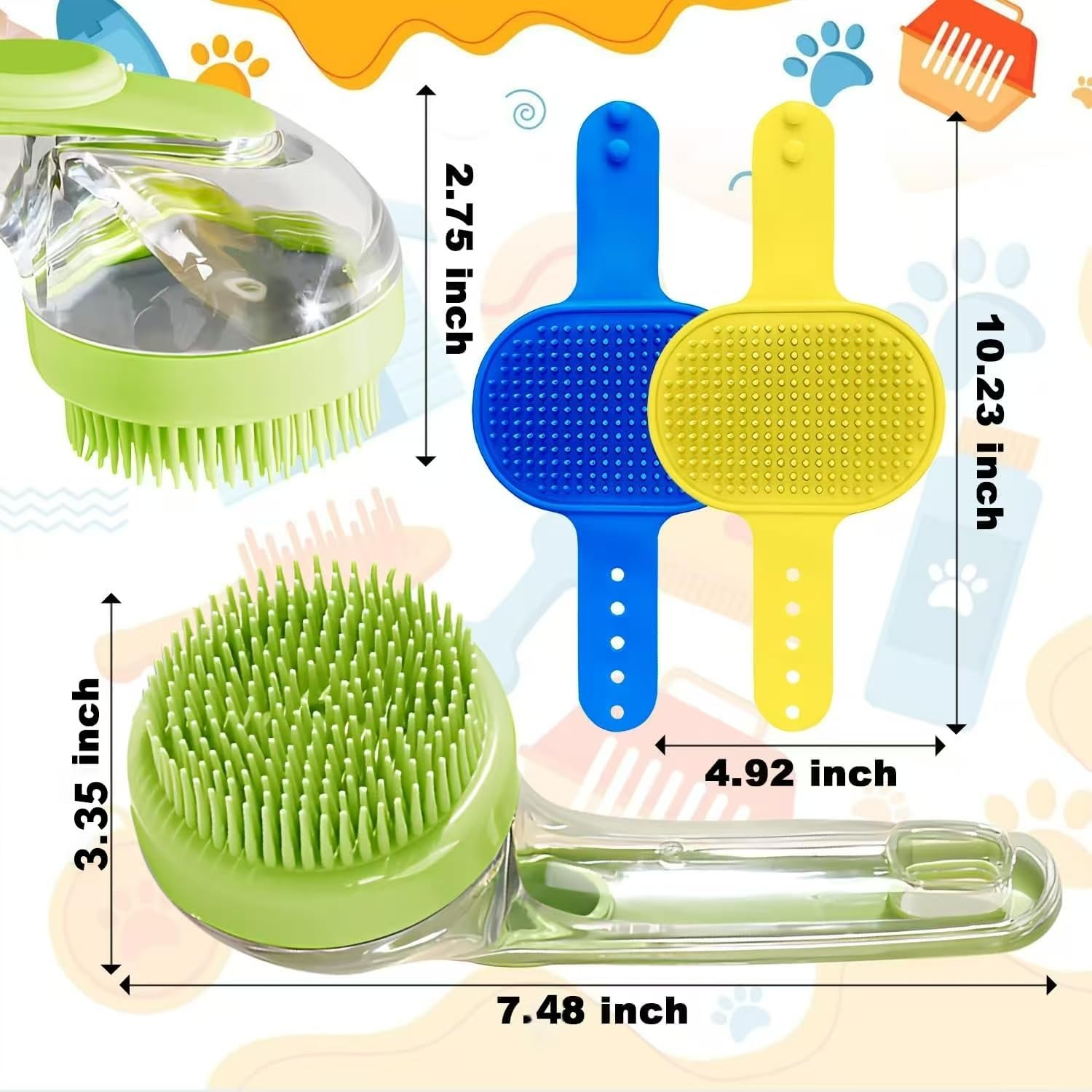 3Pcs Dog Bath Brush Set - Shampoo Brush & Bubble Maker with Adjustable Handle, Paw Washer & Massage Grooming Tool for Short/Long Hair Dogs & Cats (Blue Yellow Green) image number 2