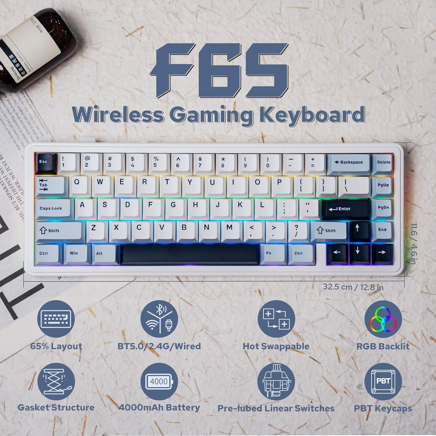 EPOMAKER X Aula F65 65% Wireless Mechanical Keyboard, Hot Swappable Gasket Custom Gaming Keyboard with Five-Layer Padding, Bluetooth/2.4Ghz/Usb-C (Light Blue, Reaper Switch) image number 2