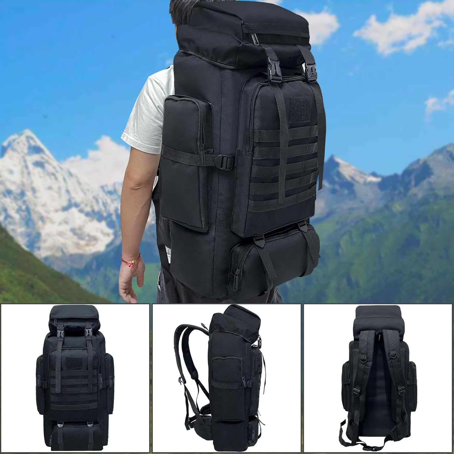 80L Hiking Backpack Camping Rucksack, 80 Liters Large Capacity Outdoor Knapsack Travel Climbing Mountaineering Carry on Backpack Bag, Trekking Backpacking for Men Women, Black image number 1