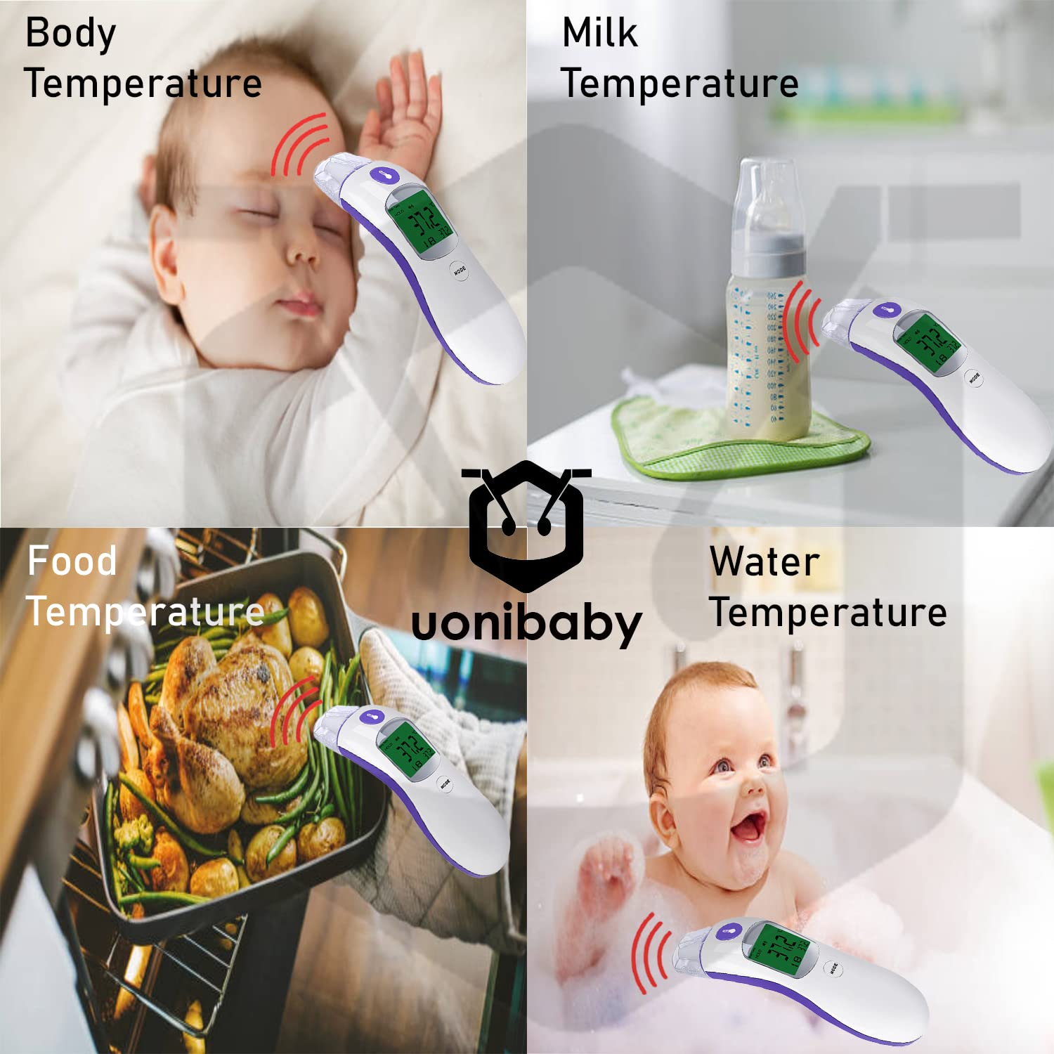 Ear and Forehead Digital Thermometer for Kids and Adults by Uonibaby | Non-Touch Infrared Digital Thermometer with Fast 1 Second Quick Detection and Accurate IR Sensors for Body and Object Temperatures | Fever Alarm and Light Indication with LCD Change Colour to Green, Orange and Red (Includes Batteries and Carry Bag) | Food and Beverages Temperatures Can Be Measured image number 2