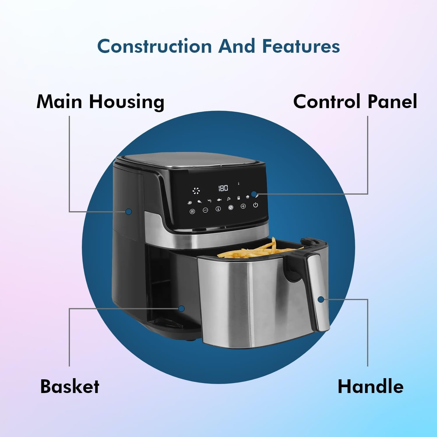 Healthy Choice Digital Air Fryer for Healthy Oil-Free Cooking - Multi-Use 1700W One Touch Digital Air Fryer for Deep Frying, Roasting, Baking & Grilling - 7.1L Stainless Steel image number 2