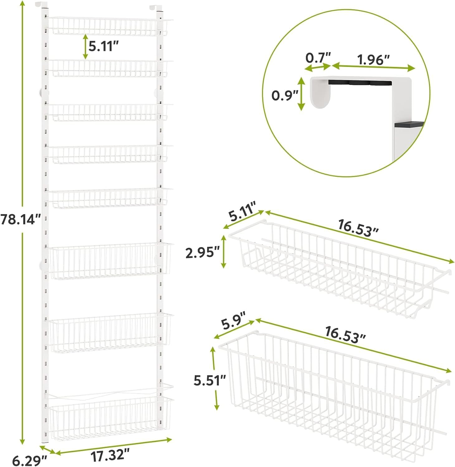 Over the Door Pantry Organizer, 8-Tier Pantry Storage with Adjustable Baskets, White Door Organization and Storage with Metal Frame, Space Saving Spice Rack for Kitchen Pantry(White)