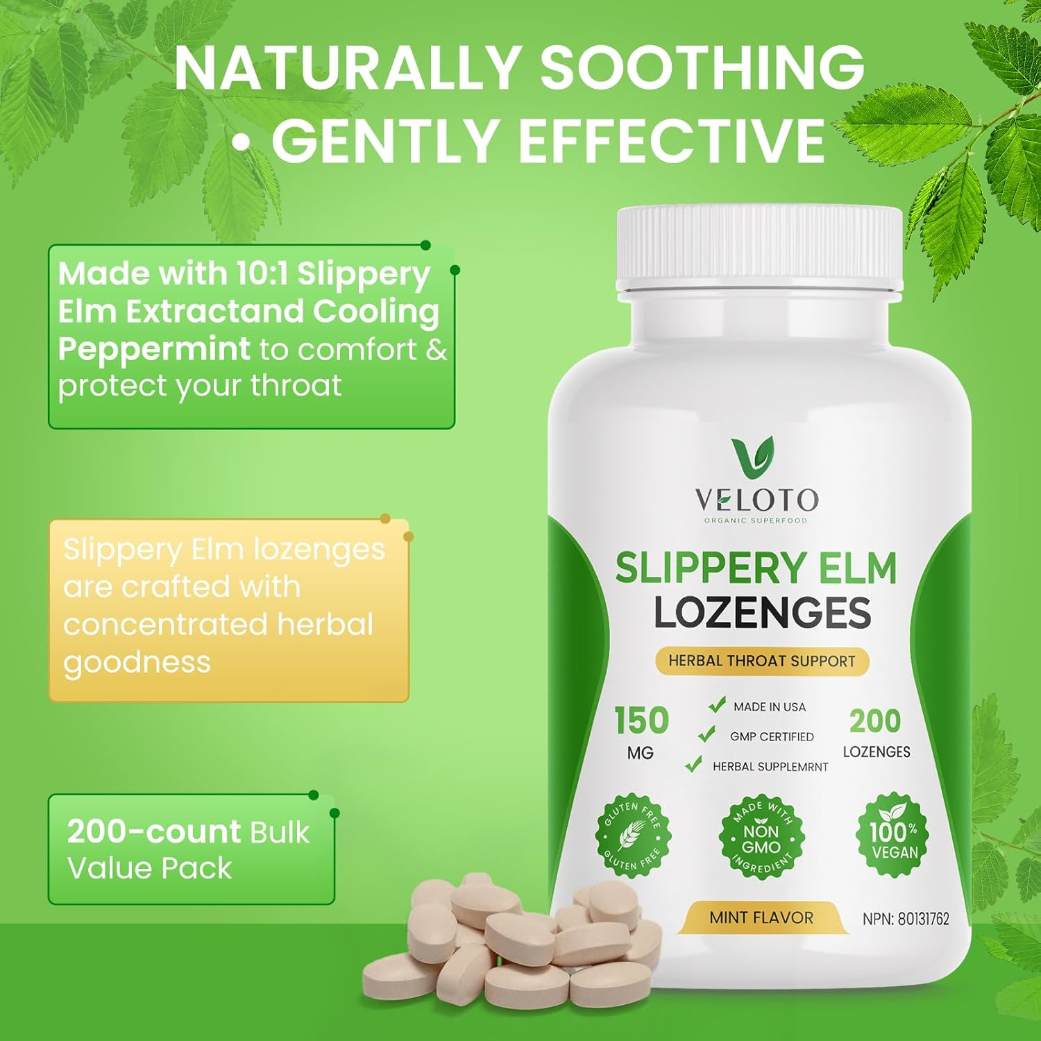 VELOTO Slippery Elm Lozenges, Slippery Elm Throat Soothing Lozenges for Adults, 10:1 Inner Bark Extract Cough Lozenge, Herbal Throat Support, Mint Flavored, Non-Gmo, Vegan, 200 Count image number 1