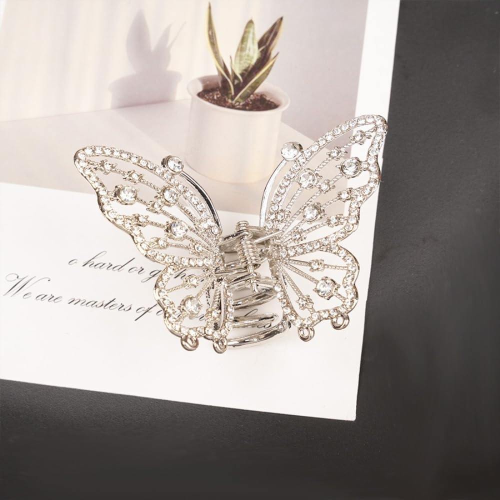 Pack of 2 Butterfly Hair Clips Women'S Hair Clips Metal Rhinestones Hair Pin Hair Clip Non-Slip Hair Claw Clips Hair Accessories Headwear for Daily Wear, Silver image number 4