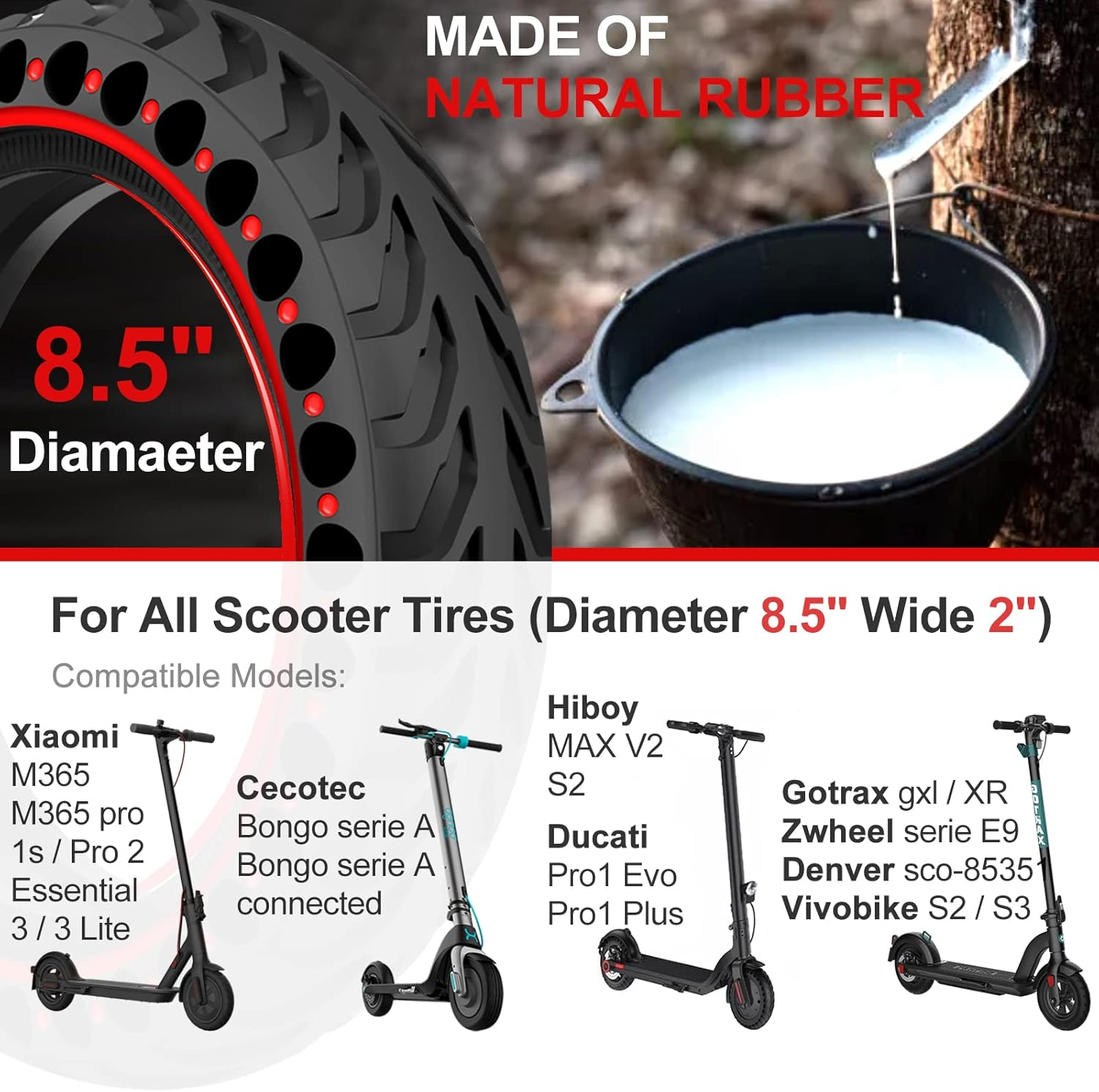 BANGTING 2 Pieces 8.5 Inch E Scooter Solid Tyres, 8 1/2 X2 Solid Rubber Tyres, 50/75-6.1 Replacement Tyres for Xiaomi Pro 2 / M365 / M365 Pro / 1S / 3/3 Lite / Essential and All 8.5 Inches. Scooter Tyres. (Red) - Black (No Tools) image number 3