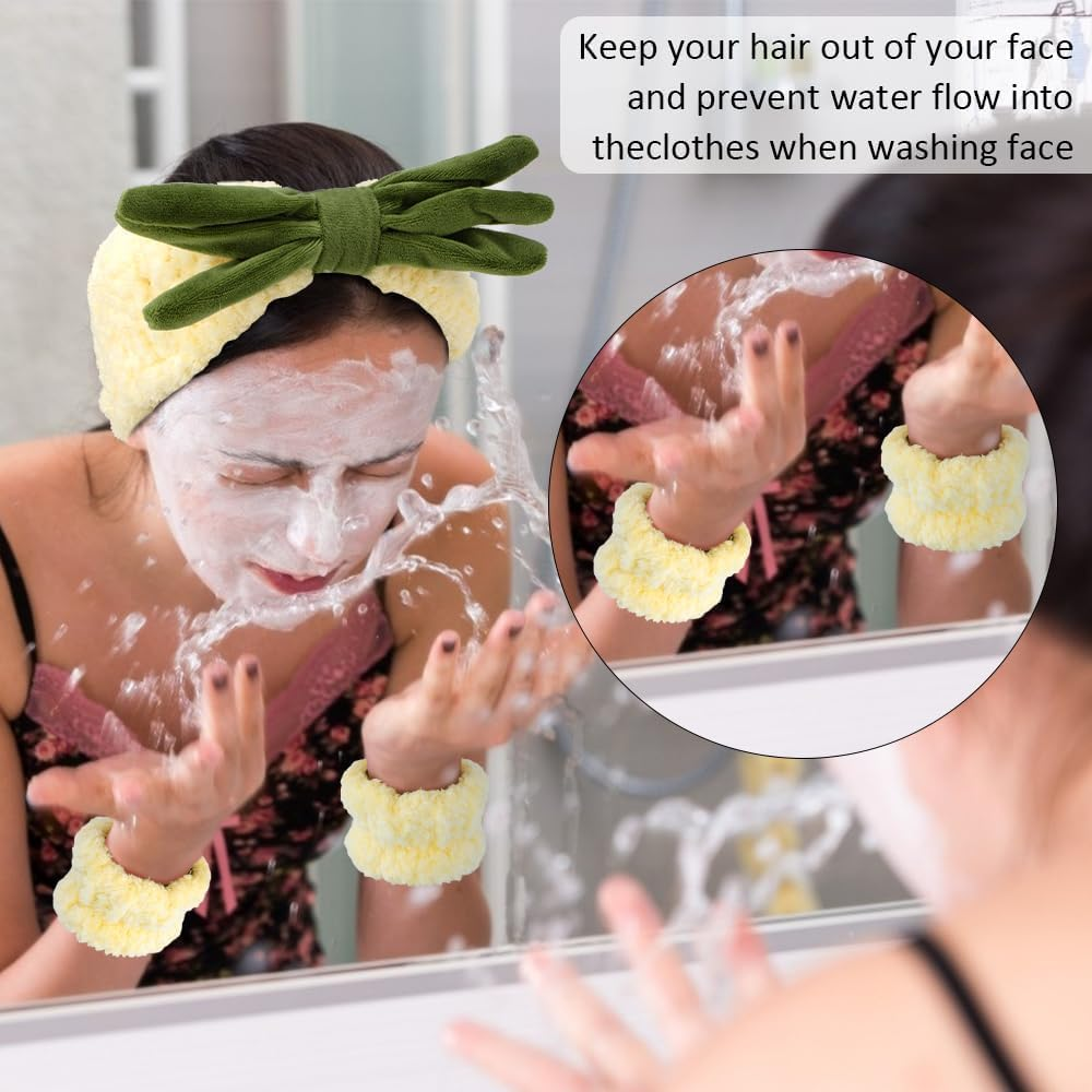 Spa Headband, Face Wash Headband and Wristband Set, Cute Makeup Skincare Headbands Wrist Bands for Washing Face Fluffy Headband for Women Girls Elastic Hair Band (Pineapple, Set of 3) image number 1