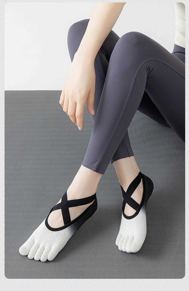 JOWILIN Pilates Socks for Women, Yoga Socks with Non-Slip Grips and Straps, Full Toe Socks for Pilates, Ballet, Pure Barre, Dance image number 5