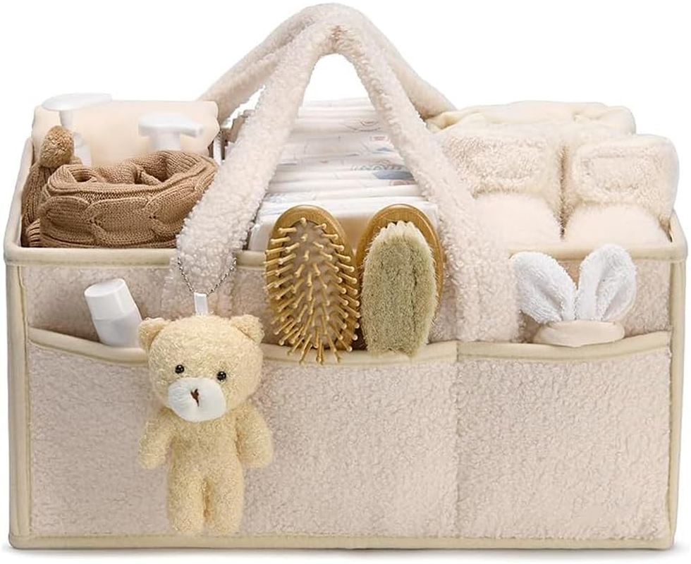 Baby Diaper Caddy Organizer,Nappy Storage Basket for Diapers and Wipes,With Bear, Portable Nursery Car Diaper Organizer