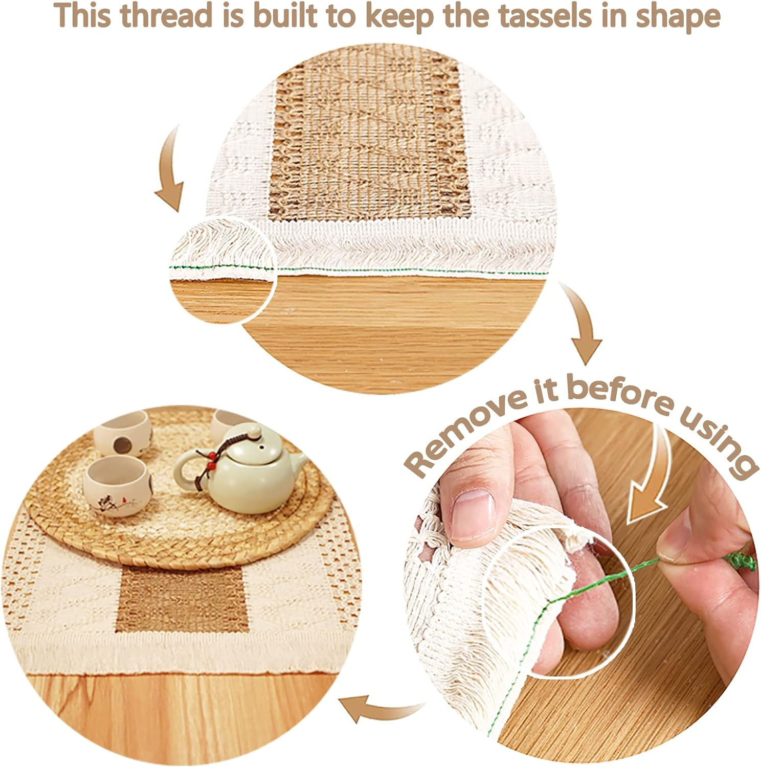 Handmade Boho Placemats Set of 6 - Natural Cotton Burlap and Water Straw Woven Combination Table Mats, Macrame D&eacute;cor and Farmhouse Style Placemats, for Dining Table Kitchen image number 4