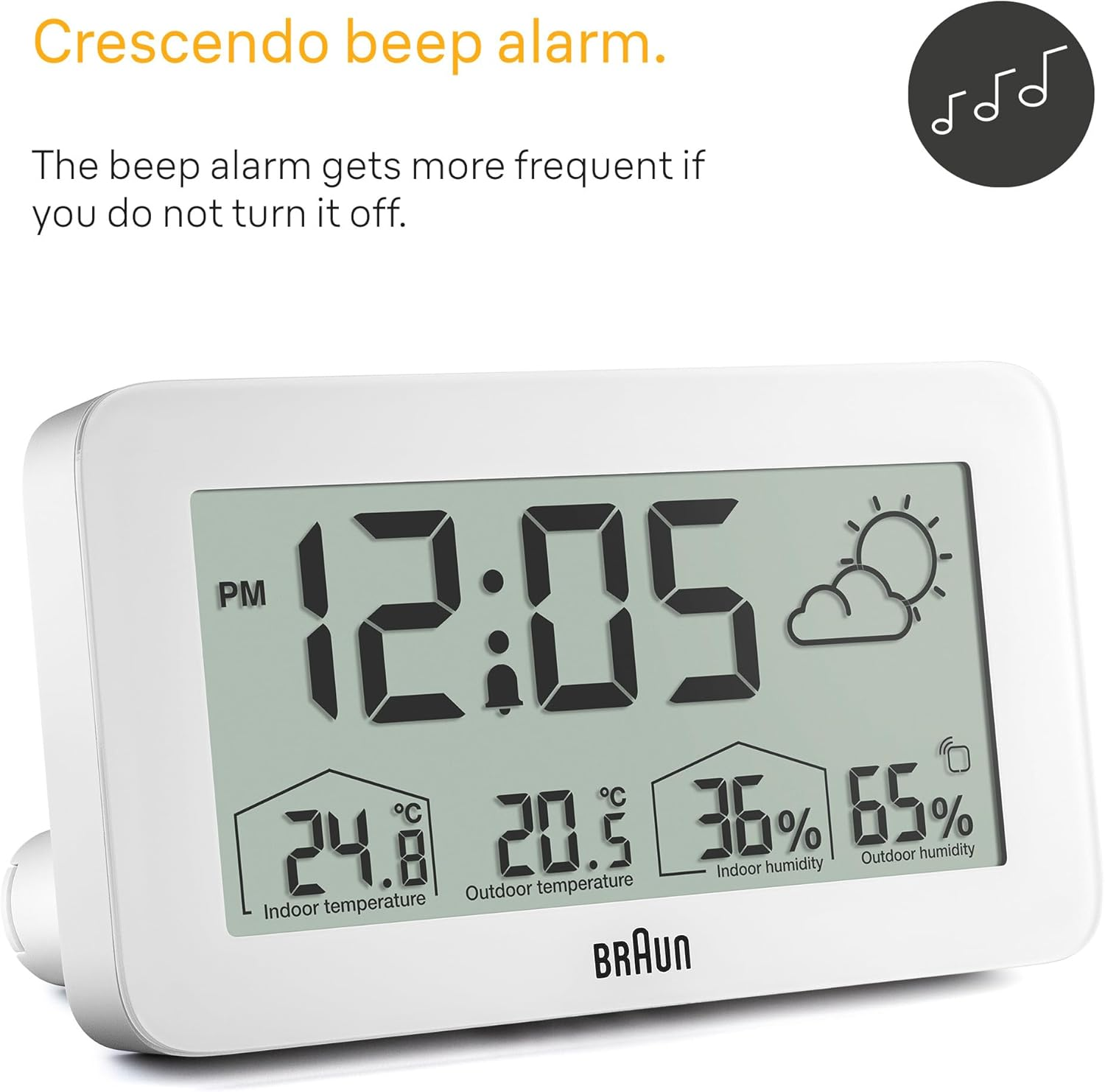Braun Digital Weather Station Clock with Indoor and Outdoor Temperature and Humidity, Forecast, LCD Display, Quick-Set, Crescendo Beep Alarm in White, Model BC13WP. image number 6