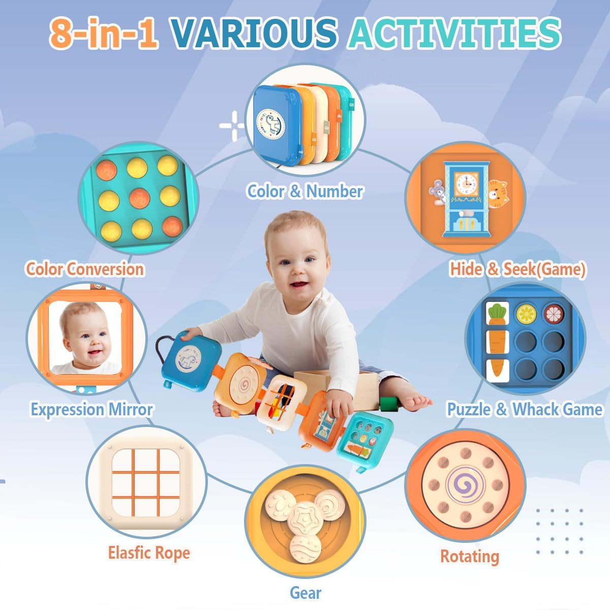 Baby Montessori Busy Activity Cube Board Toys for 1 Year Toddler, 8 in 1 Early Educational Learning Travel Cube for Plane ＆ Car, Sensory Toy for Boys Girls image number 4