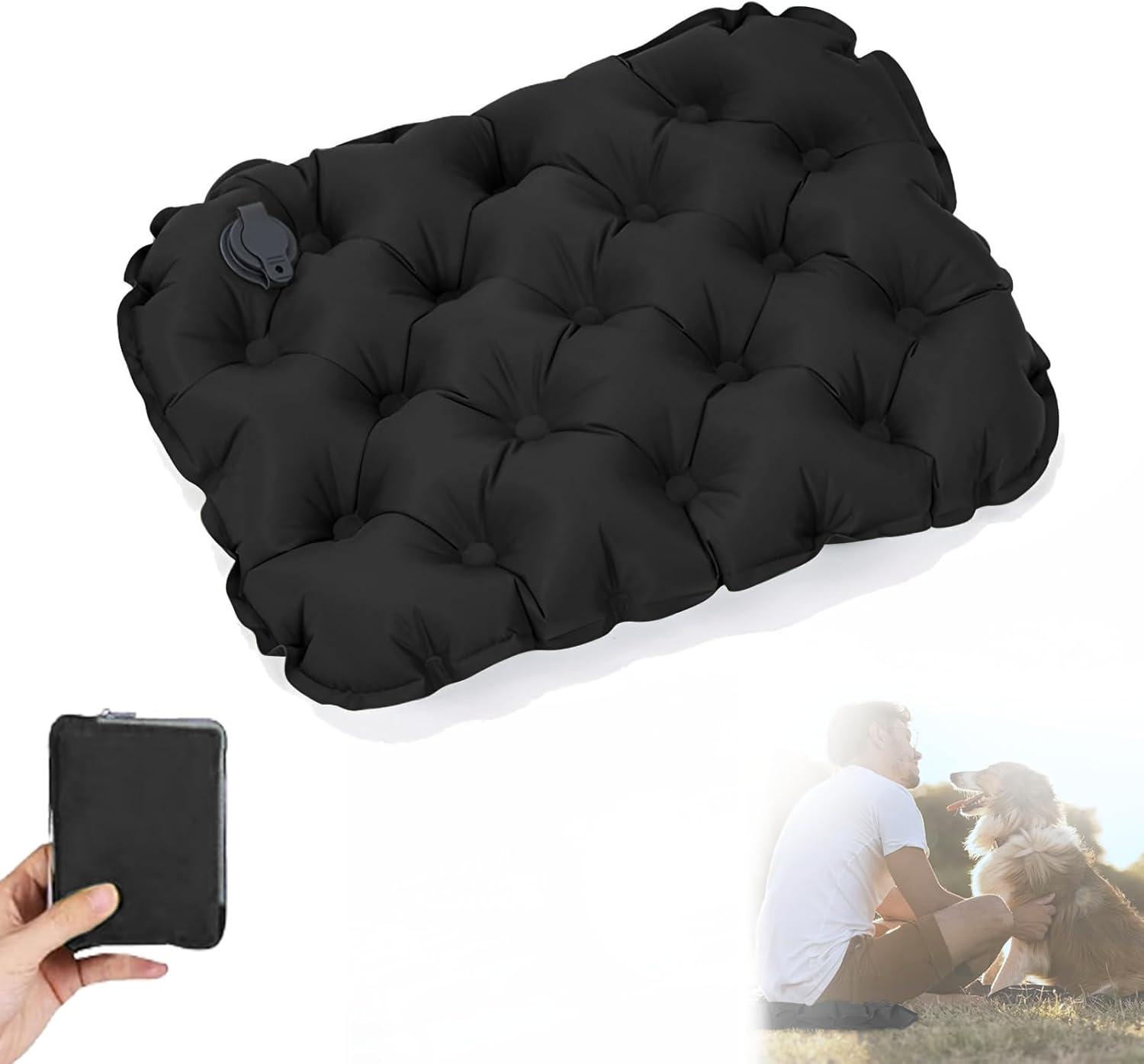 UOEPOWA Inflatable Seat Cushion with Carry Bag, Foldable Travel Cushion for Outdoor, Portable Lightweight Air Sitting Pad for Camping/Office/Wheelchair, Waterproof Stadium Bleacher Mat (Black) - Green image number 3