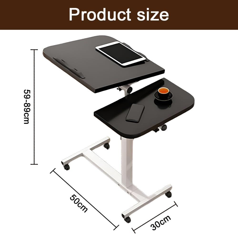 Mobile Overbed Table with Wheels, Height Adjustable Laptop Table with Shelf, Portable Rotate 360 ​​Degrees Home Office Desk Computer Standing Desk Cart with Tray for Work Study Reading (Black) image number 6