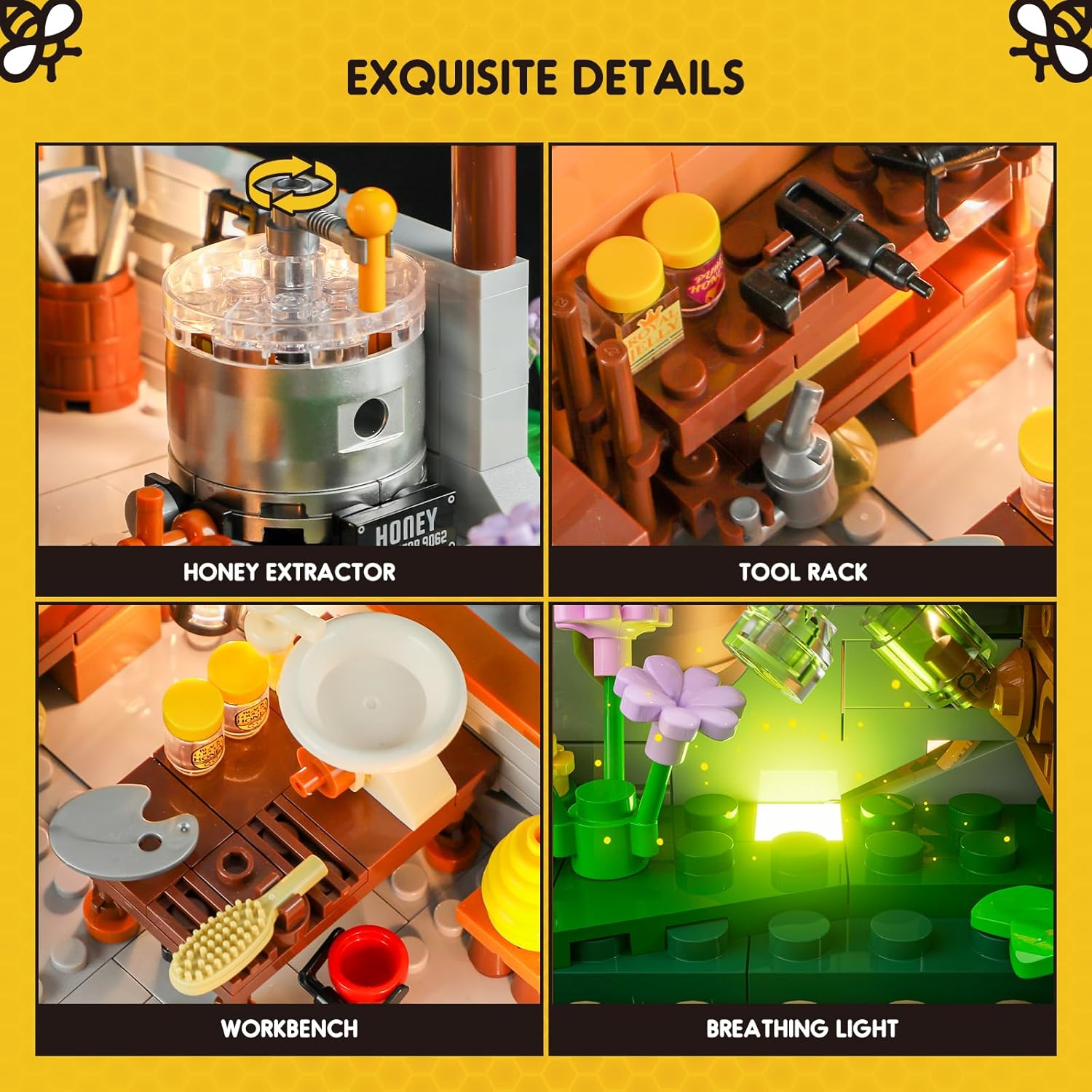 FUNWHOLE Bee-Farm Lighting Building-Bricks Set - Farm Bee Cottage Honey Workshop Collection LED Light Building Set 1274 Pcs for Adults and Teen image number 1