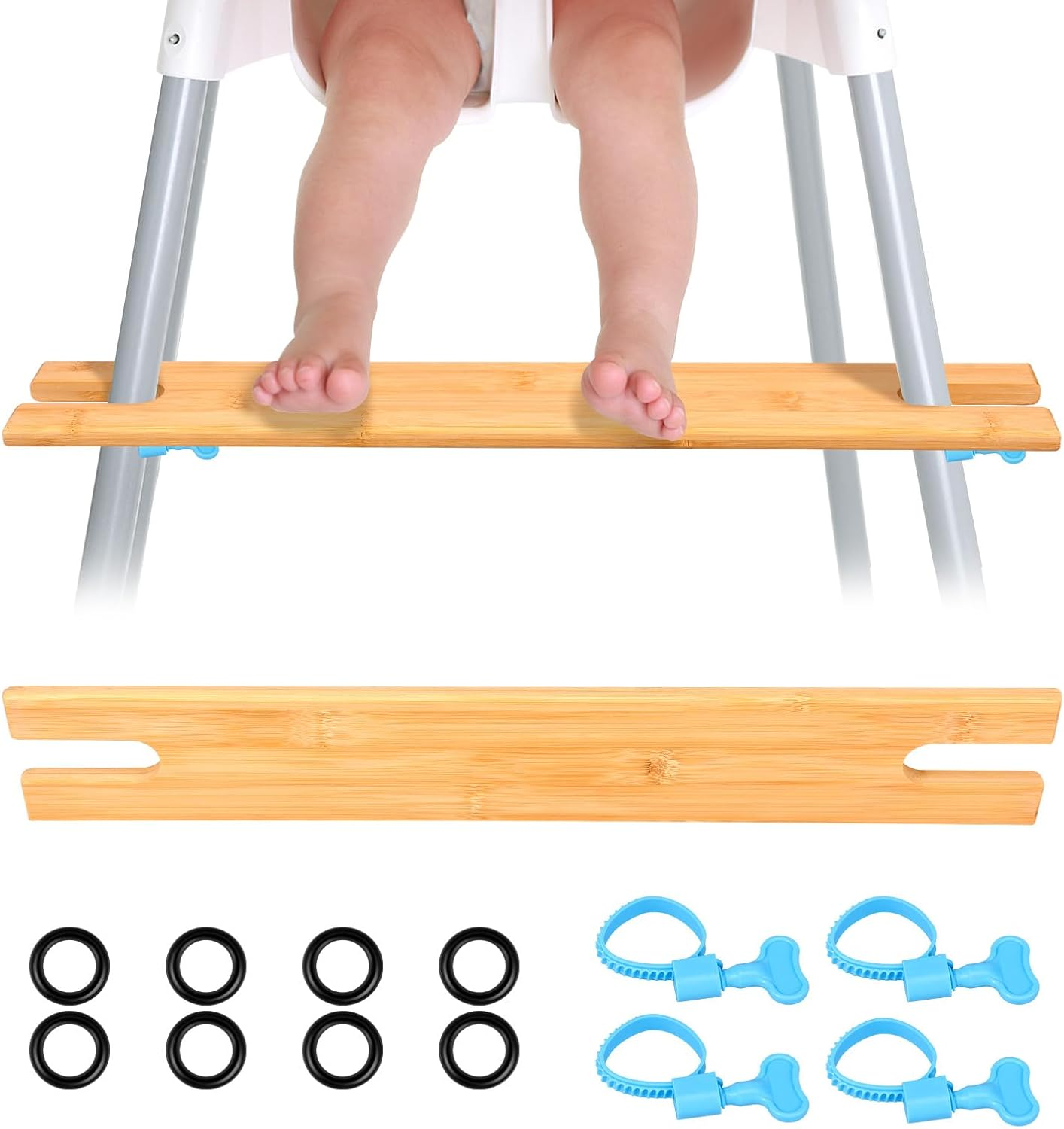 2 Pcs Baby High Chair Footrest Adjustable Height Non-Slip Baby Pedal Sturdy Structure Natural Bamboo with Rubber Ring Compatible for Most Highchairs (Wood-B)