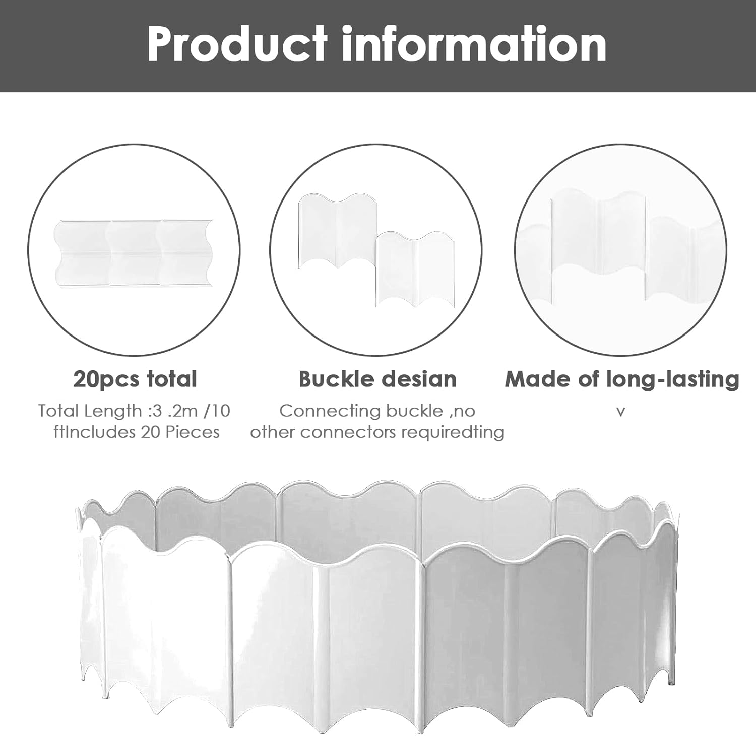 20PCS Interlocking Landscape Garden Lawn Yard Edging Border, Plastic Decoration Landscaping Edging, Flexible Fence Border for Gardens, Courtyards, Parks, Landscape (White) image number 3