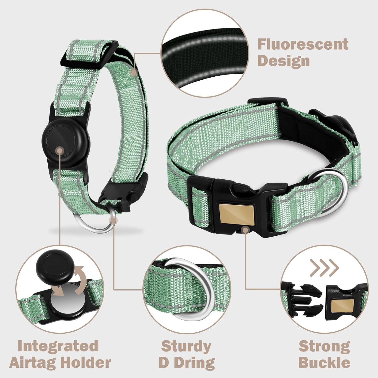 Enbluy Reflective Dog Collar, Soft Neoprene Padded Breathable Nylon Pet Collar Adjustable with Airtag Dog Waterproof Airtag Dog Collar Holder for Medium Large Dogs (Green, L) image number 1