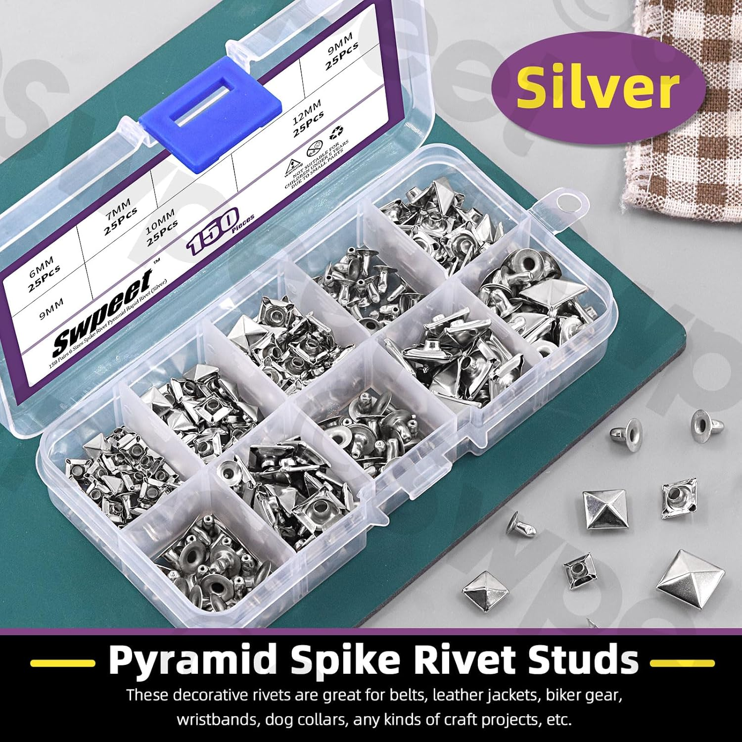 Swpeet 150Pcs 6 Sizes 6Mm/7Mm/8Mm/9Mm/10Mm/12Mm Silver Spike Rivet Pyramid Rapid Rivet Studs Kit, Square Rivets Metal Pyramid Fits for Bag Leather Clothing Shoes Rivet Handicraft DIY Punk image number 6