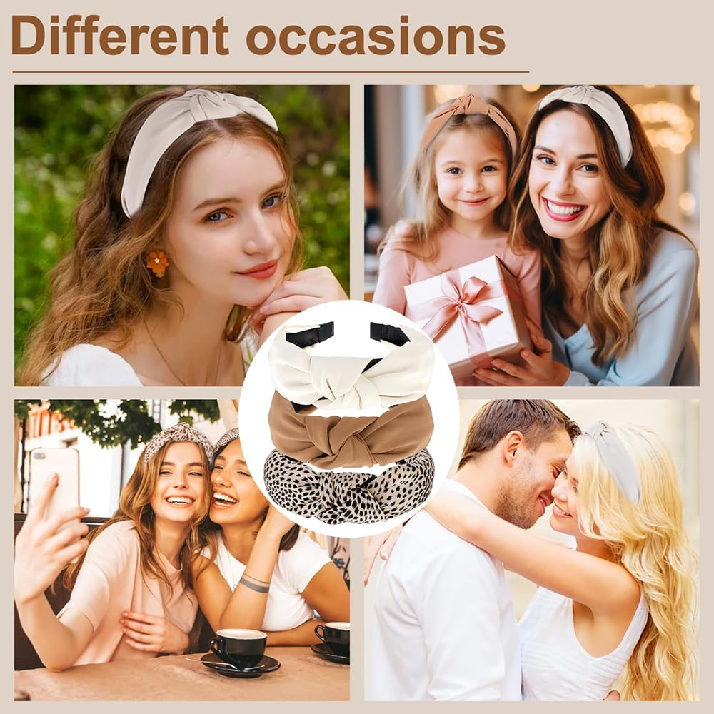 Hairbands,3 PCS Headbands for Women,Hair Bands for Women Wide Fashion Knotted Headband,Leopard Headband Non Slip Exquisite,Solid Color Elastic Hair Band Accessories,Suit for Girls and Women image number 3