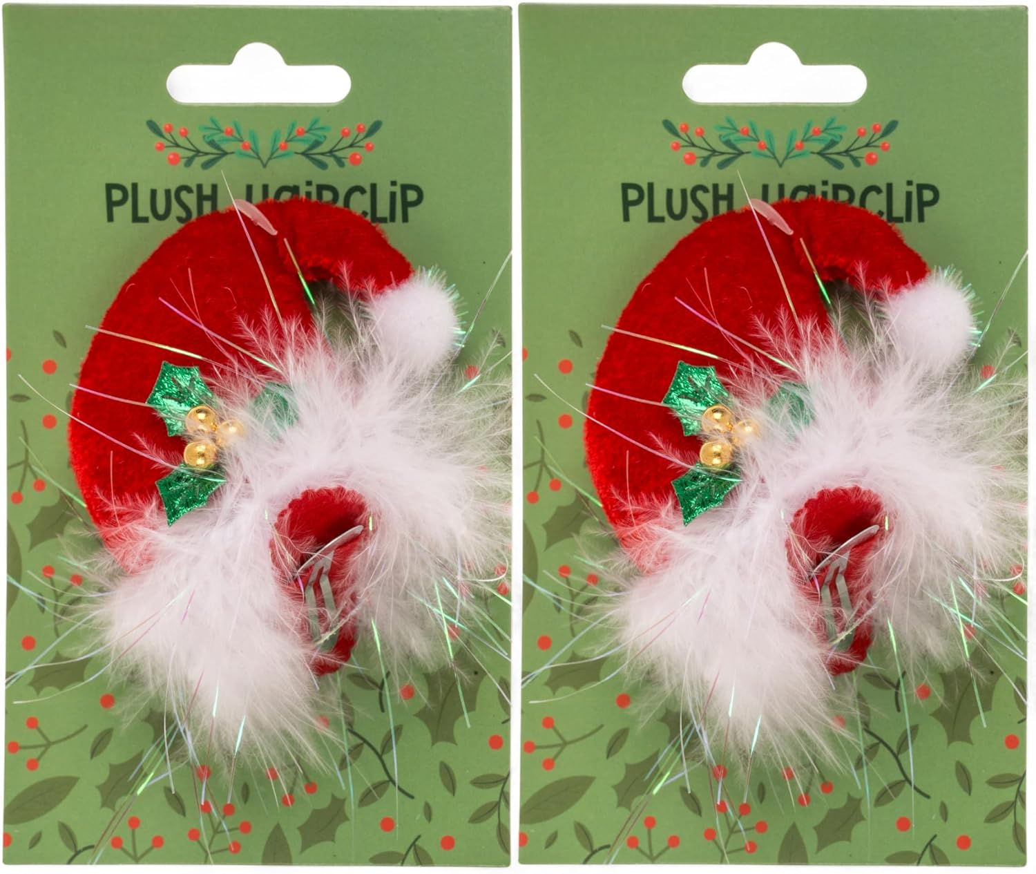 MIJOMA Set of 2 Christmas Hair Clips - Plush Christmas Hat Hair Clips with Mistletoe - Christmas Accessories for Women & Children - Red White Fluffy image number 4