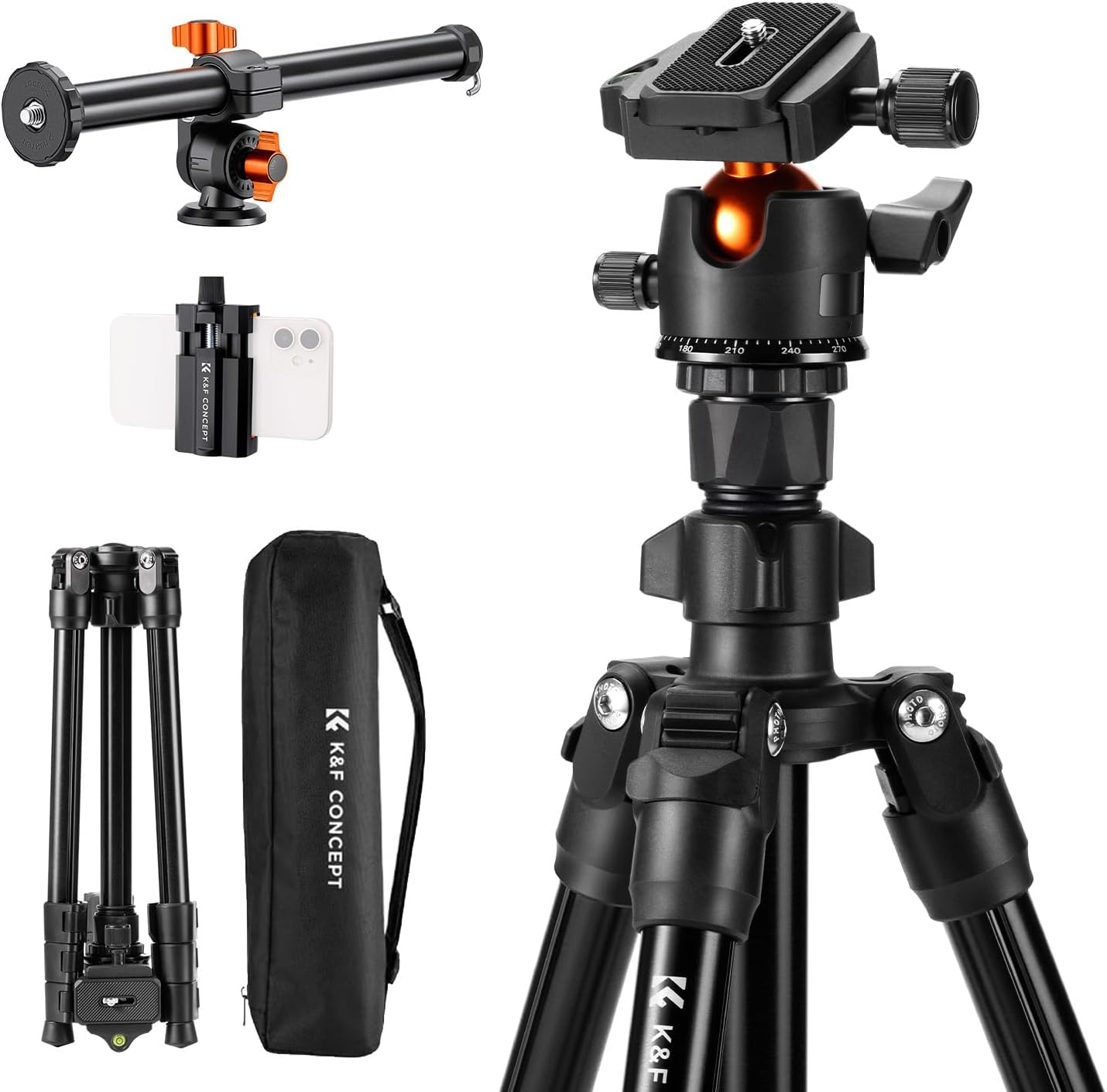 K&F Concept 76 Inch Camera Tripod with Rotatable Multi-Angle Center Column,Lightweight Travel Outdoor DSLR Tripods with 360 Degree Ball Head Load Capacity 8Kg/17.6Lbs, Cellphone Clips for Smartphone image number 5