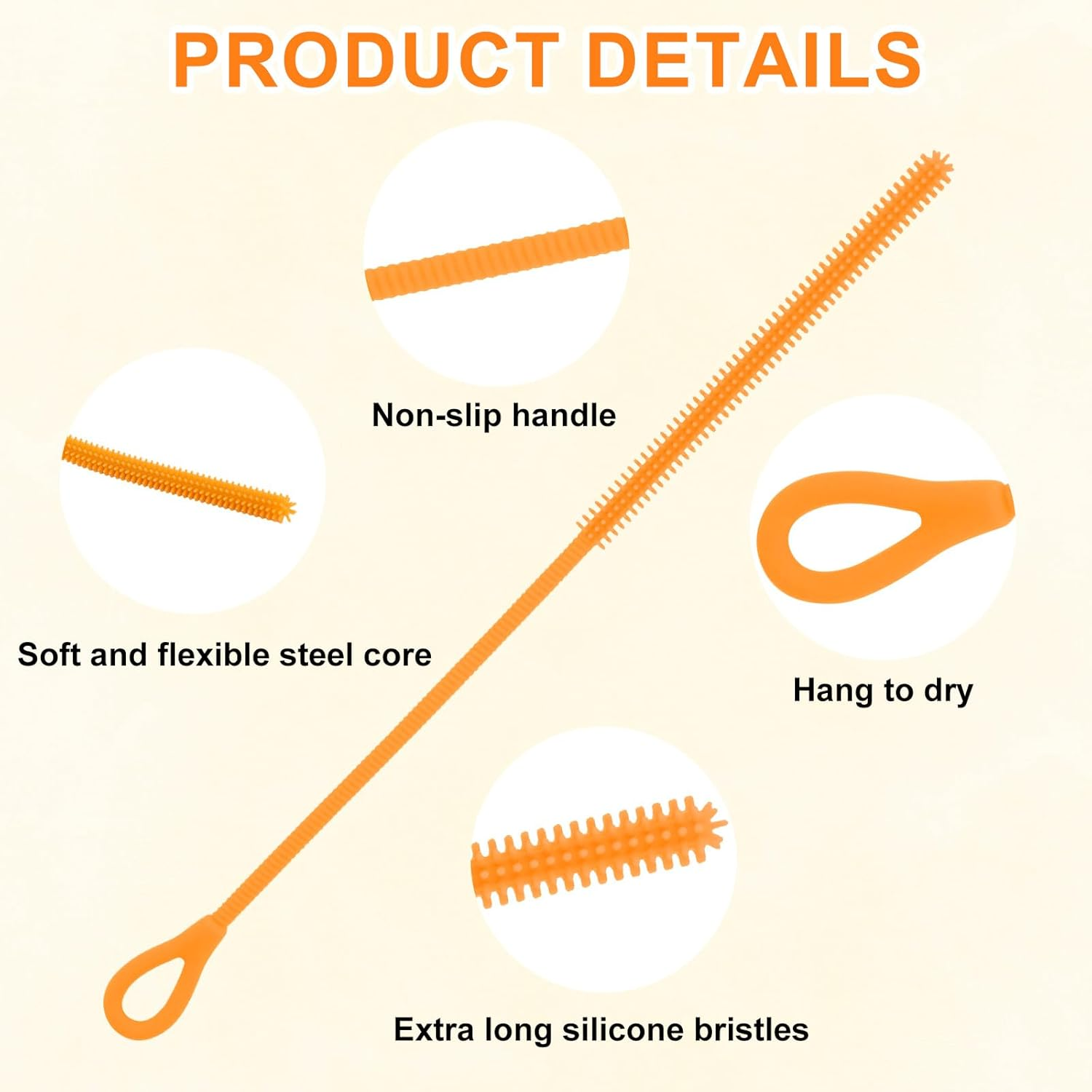 3Pcs Silicone Straw Cleaner Brush Set, Reusable Extra Long Straw Cleaning Tool with 3Mm 6Mm 9Mm Multi-Size Cleaning Accessories for Stanley Cup Water Bottle (Orange) image number 1