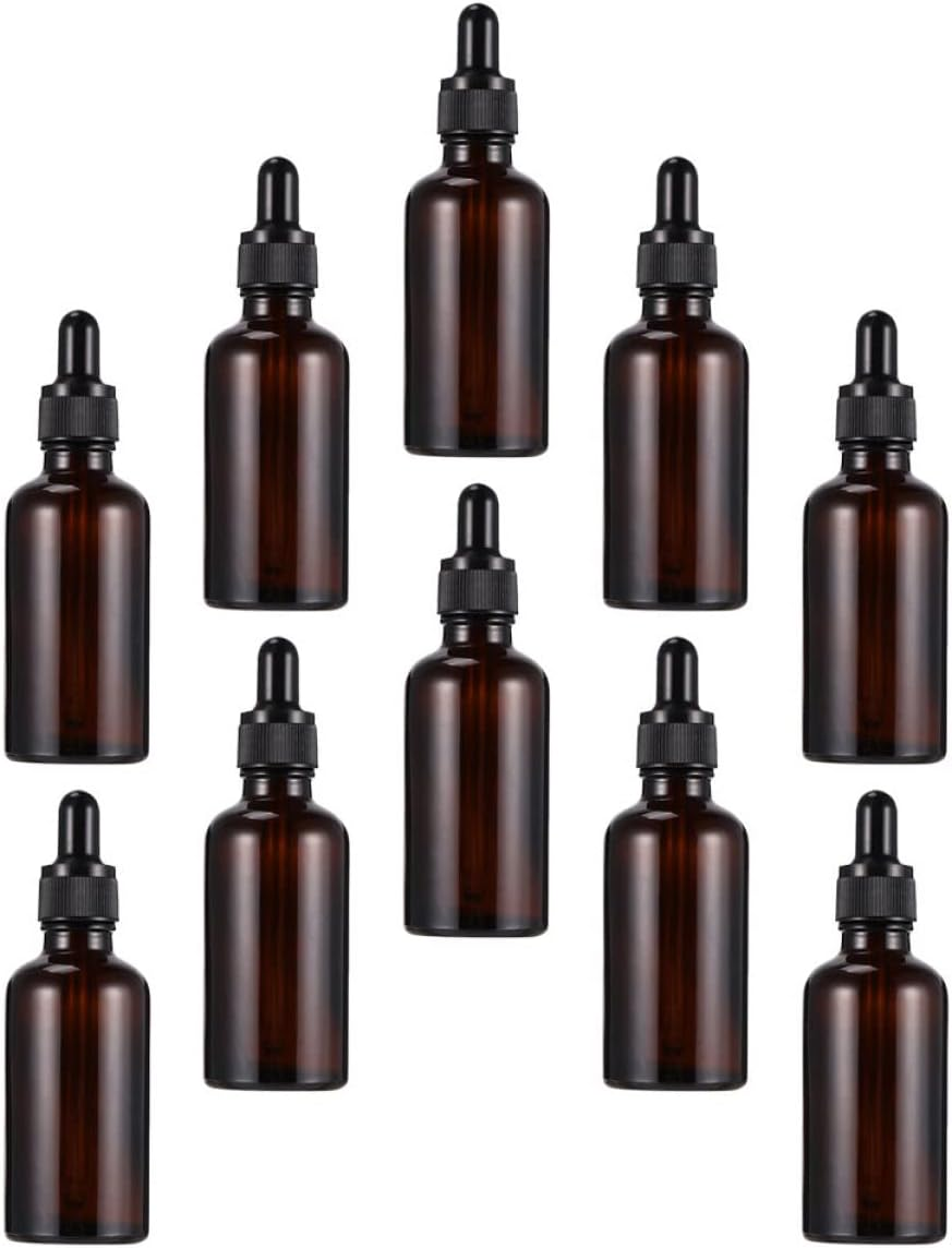 FOMIYES 50Ml Amber Glass Essential Oil Bottles 10Pcs Refillable Dropper Dispenser Bottles Portable for Travel and Storage