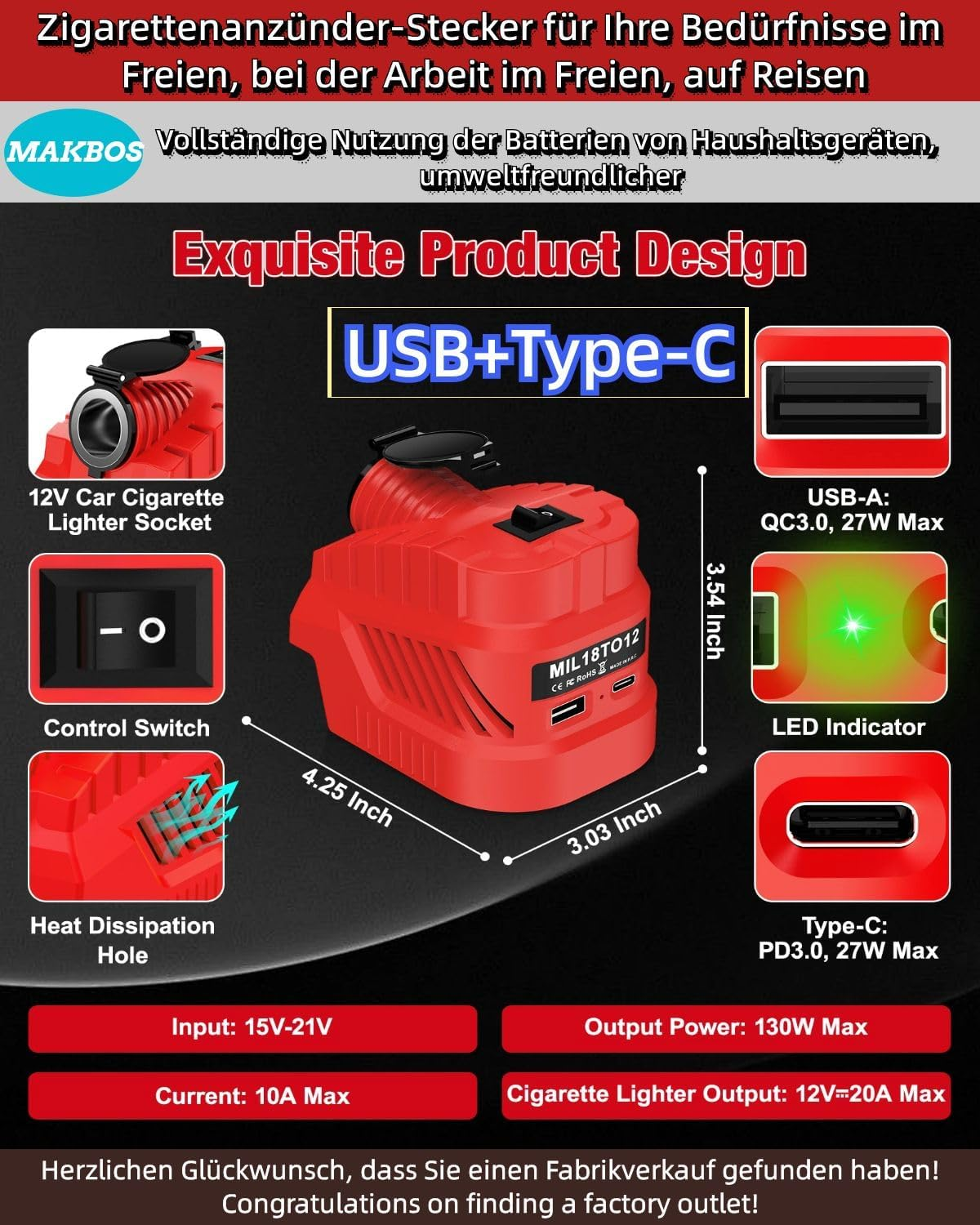Step down Converter for Milwaukee 18 V to 12 V Step-Down Converter Power Wheel Battery Adapter for Car Vacuum Cleaner Car Fridge, USB Type-C Chargers DIY Converter Power Station image number 2