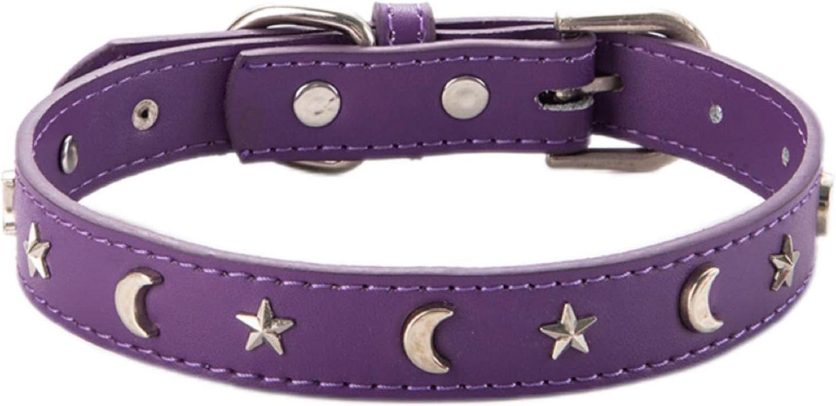 Leather Cat Collars for Boy Girl Cats with Bell and Safety Elastic Belt, Personalized Star and Moon Stud Adjustable Safe Buckle Collar for Kitty Small Big Cats (Purple, S) image number 4