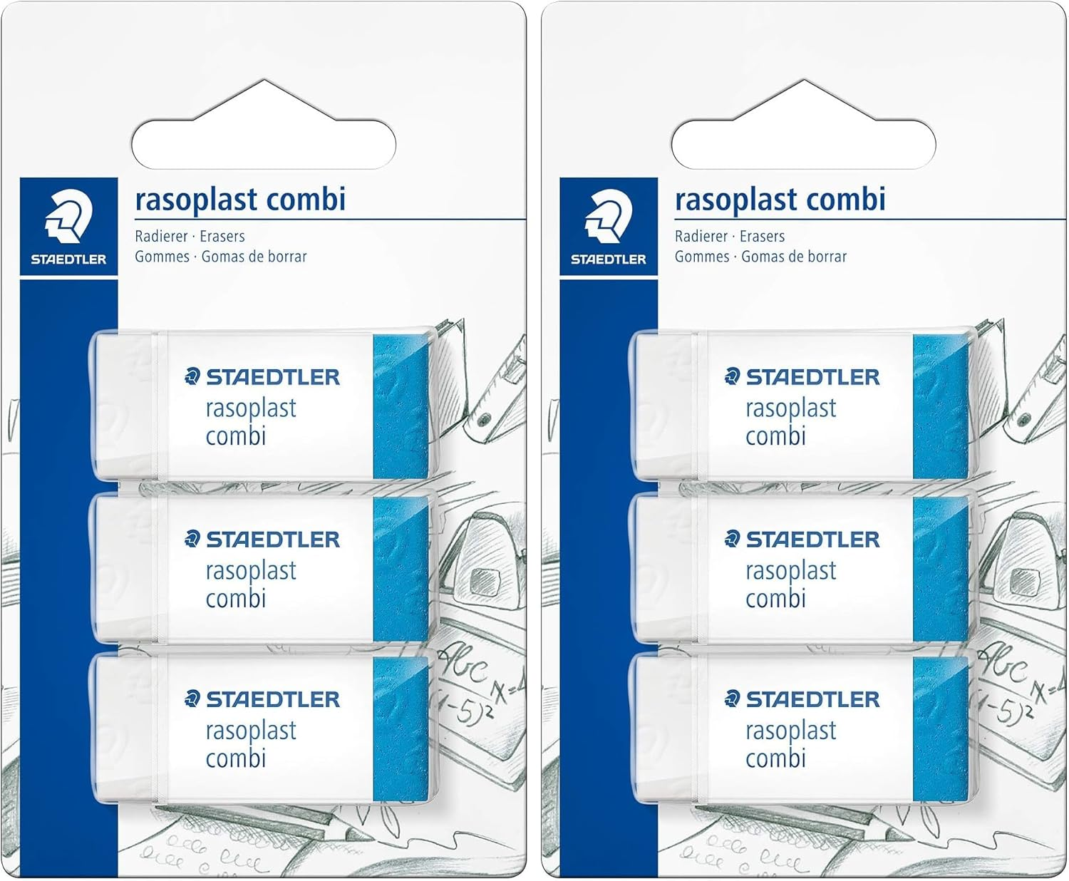 STAEDTLER Rasoplast Combi Erasers 3 Pack, 526BT3BK3D, Minimal Crumbling, Sliding Sleeve for Convenient Handling, Phthalate and Latex Free, Blue Part of Eraser for Writing Ink on Paper image number 2
