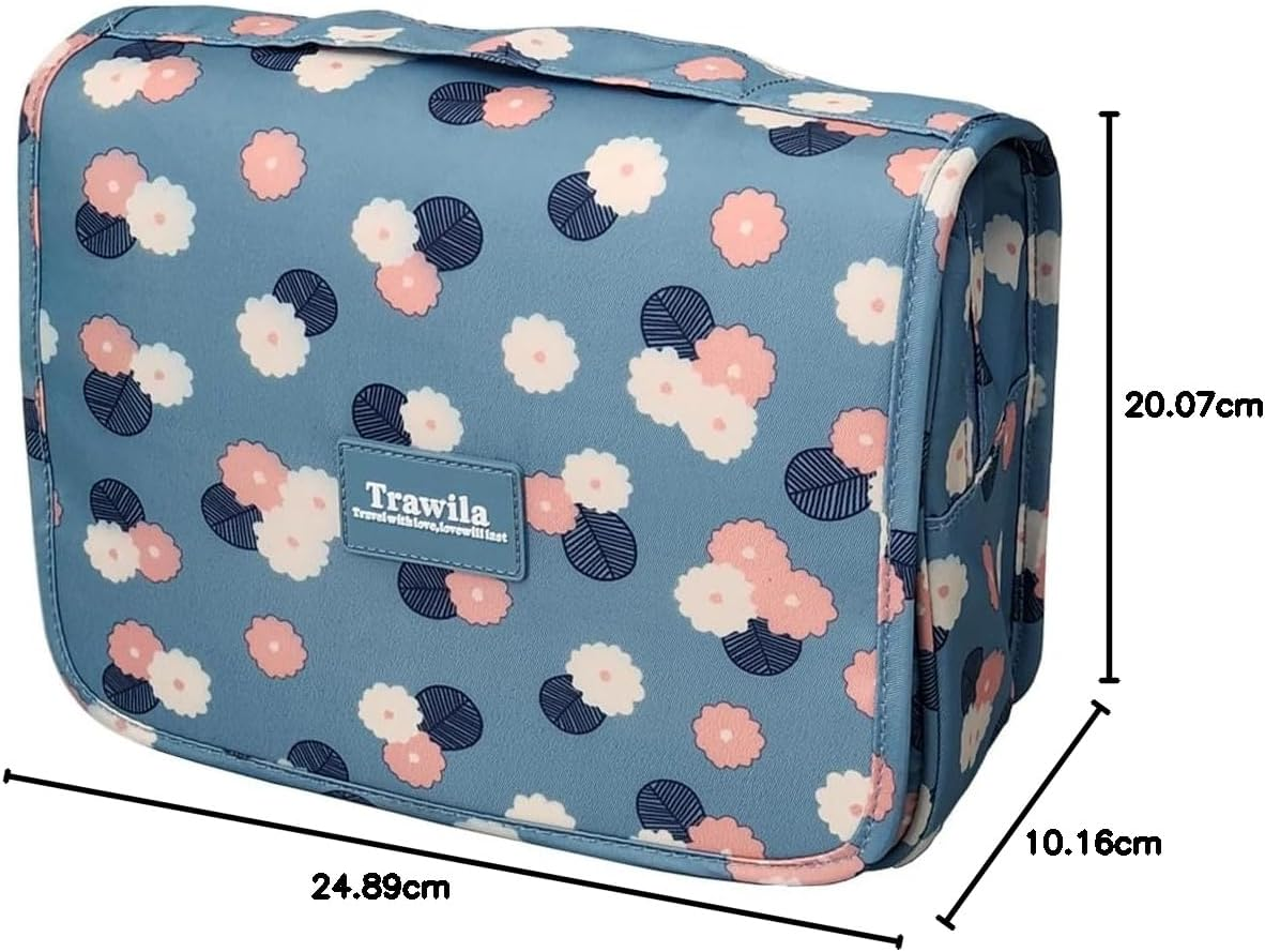Trawila Travel Hanging Toiletry Bag Cosmetic Bag Makeup Organizers for Men & Women with Sturdy Hook, Blue Flower, Fashion image number 3