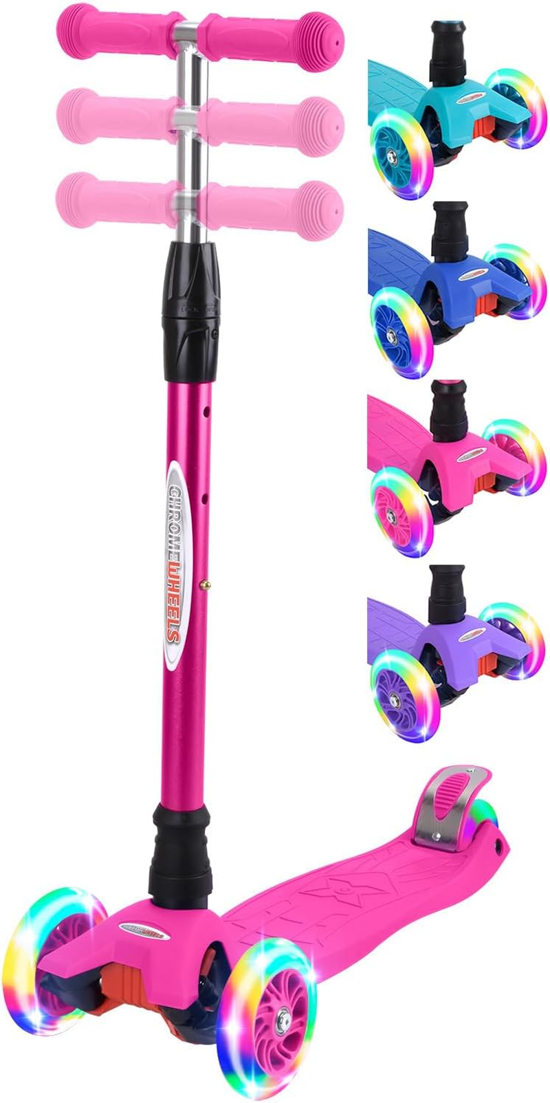 Chromewheels Scooters for Kids, Deluxe 3 Wheels Kick Scooter 4 Adjustable Height 132Lbs Weight Limit, Lean to Steer LED Light up Wheel, Best Gifts for Girls Boys Ages 3-12 Years Old