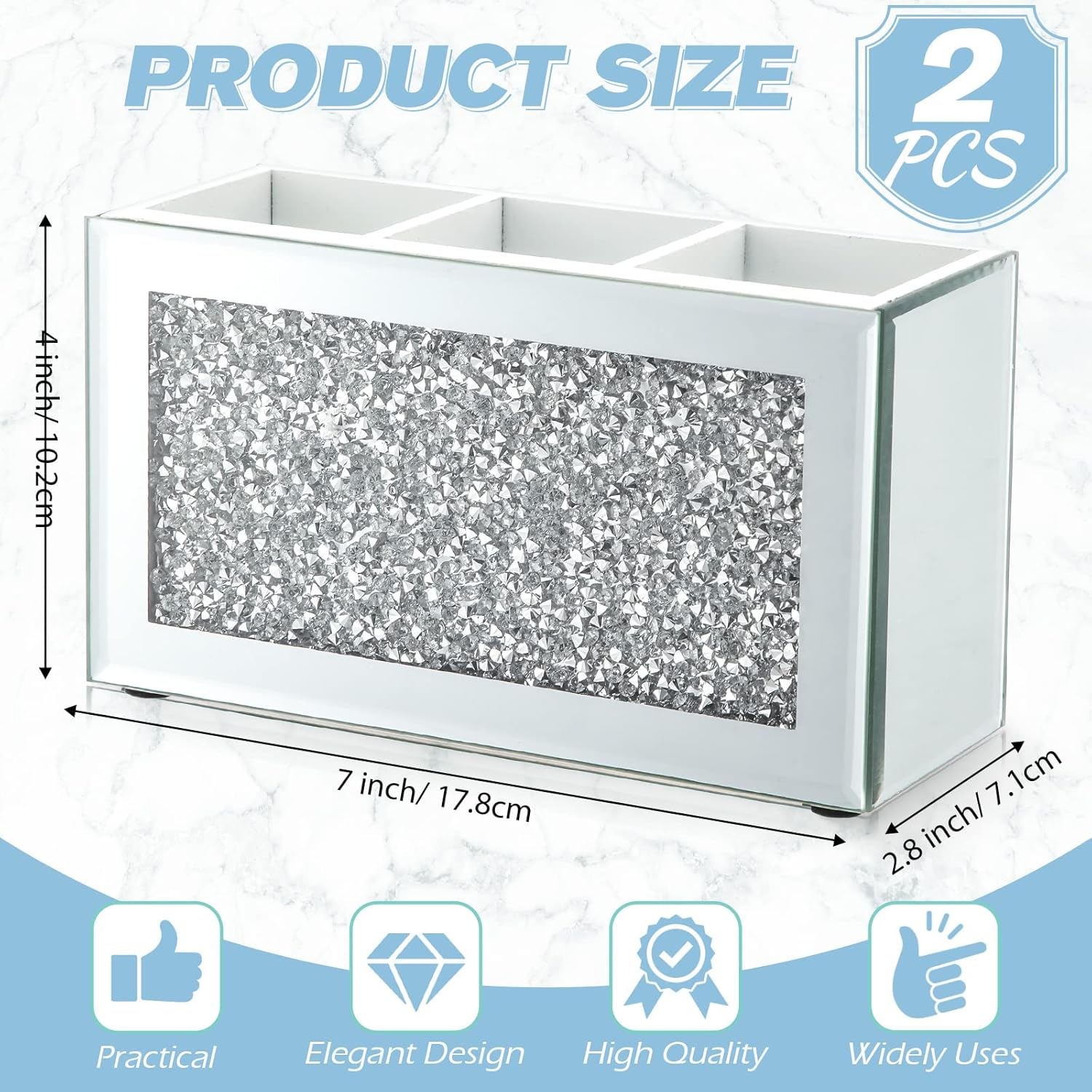 Tanlade 2 Pcs Mirrored Makeup Brush Holder Remote Holder, Mirrored Makeup Organizer with Crushed Diamond Crystals, Vanity Cosmetics Organizer Solution, Pencil Holder Organizer for Desk (3 Compartment) image number 5