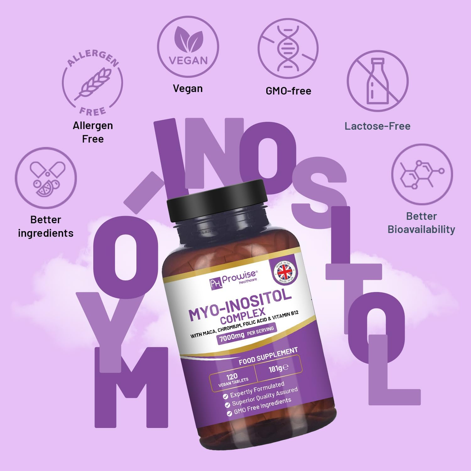 Myo-Inositol Complex 120 Vegan Tablets 7000Mg per Serving with Black Maca Root, Chromium, Folic Acid, and Vitamin B12 | Hormonal Balance for Women| Premium Quality by Prowise image number 2